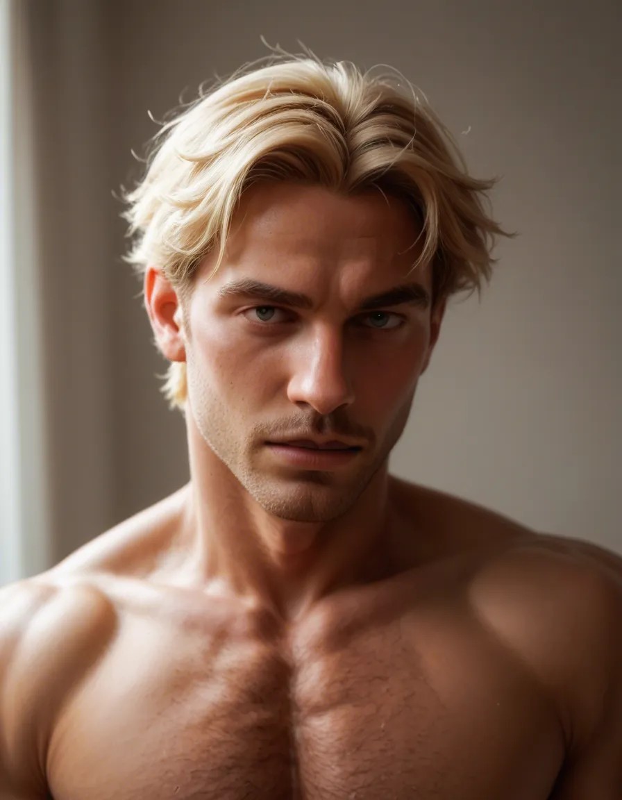 Big dick, blonde_hair, gay, score_9, score_8, candid photo, realistic skin texture, visible skin pores, film grain, depth of field