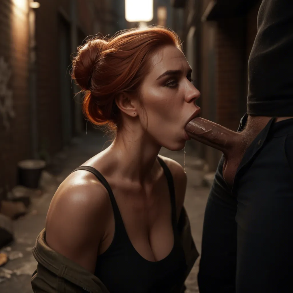 deepthroat blowjob, clothed sex, night, in back alley, ((mature female)), natural redhead, hair in bun, medium breasts, black_bodysuit, black ankle boots, squatting, eagerly deepthroating dark-skinned police officer with large penis, ((unzipping bodysuit)), (cum on breasts)