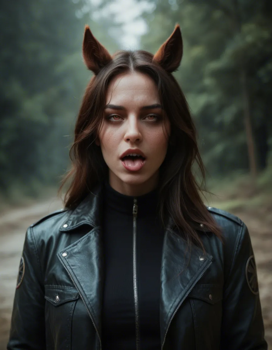 best quality, hyperrealistic, demon girl, horse ears, jacket, ahegao, blurry background, volumetric light, photorealistic, score_9, score_8, candid photo, realistic skin texture, visible skin pores, film grain, depth of field