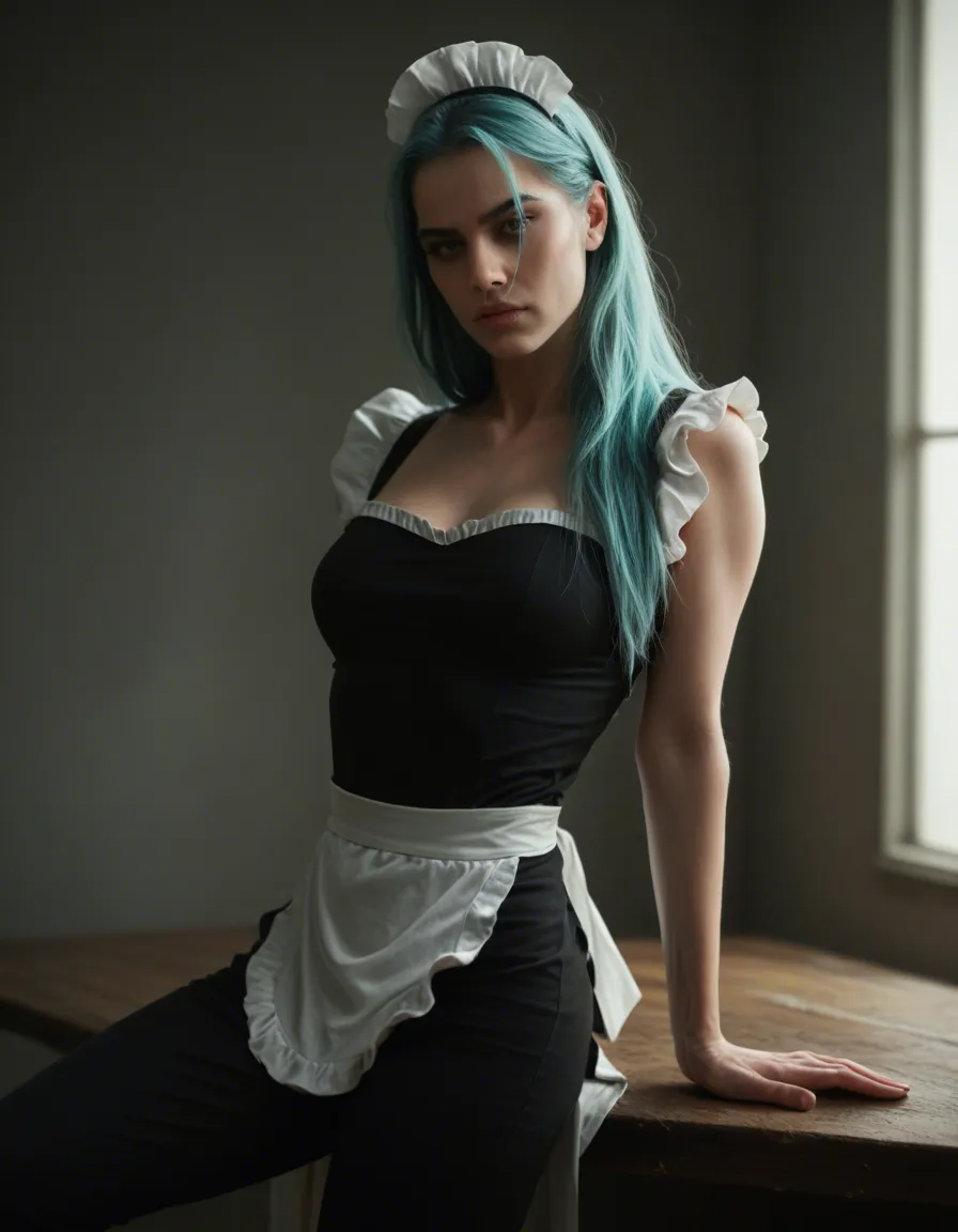 best quality, hyperrealistic, maid, aqua hair, pants, creampie, dramatic lighting, photorealistic, score_9, score_8, candid photo, realistic skin texture, visible skin pores, film grain, depth of field