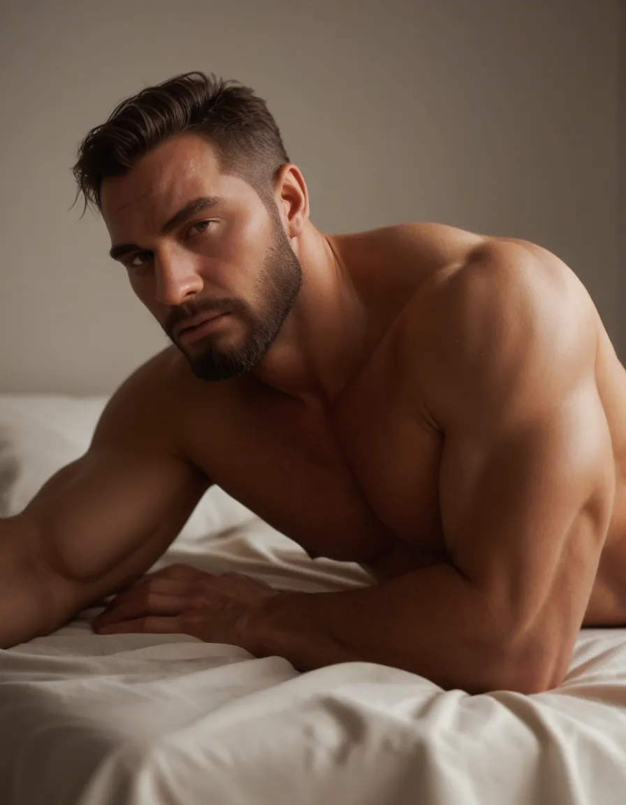highly detailed, natural lighting a bearded, muscular man, about 35 yo, lying naked on a large bed, score_9, score_8, candid photo, realistic skin texture, visible skin pores, film grain, depth of field