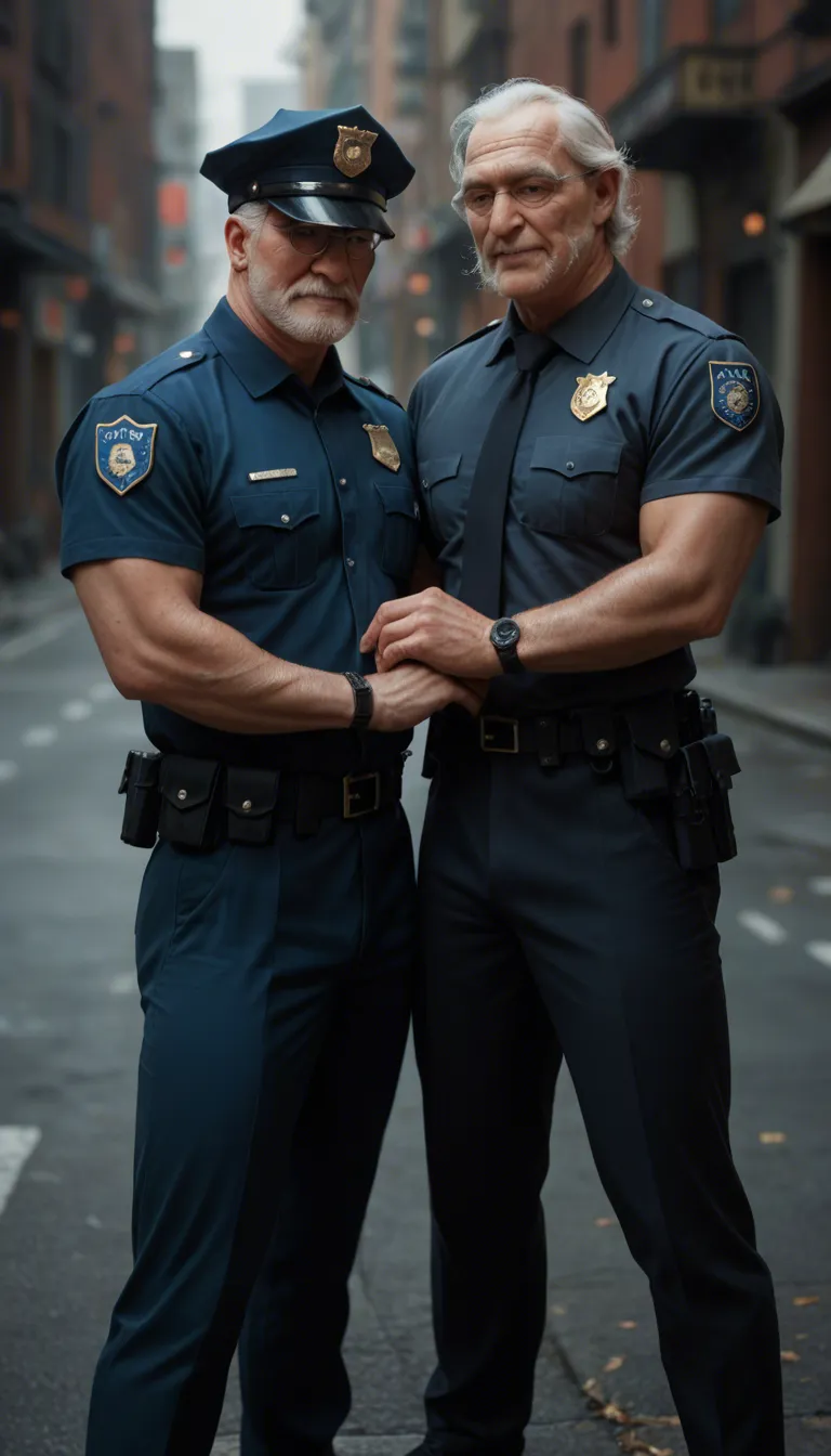 masterpiece, best quality, 61a21ngc33, 2boys, bara, male focus, muscular male, mature male, police uniform, old man, fellatio, yaoi, smoking, large pectorals, abs, nipples, short hair, hairy, sweat, testicles, hat, mustache, thick thighs, weapon, male pubic hair, chest hair, full beard, thick eyebrows, strongman waist, veiny penis, huge pectorals, from side, all fours, from below, feet out of frame, brown hair, cigar, cigar in mouth, oral, armpits, huge armpits, brown body 
make the guy who sucking the dick suck it super hard