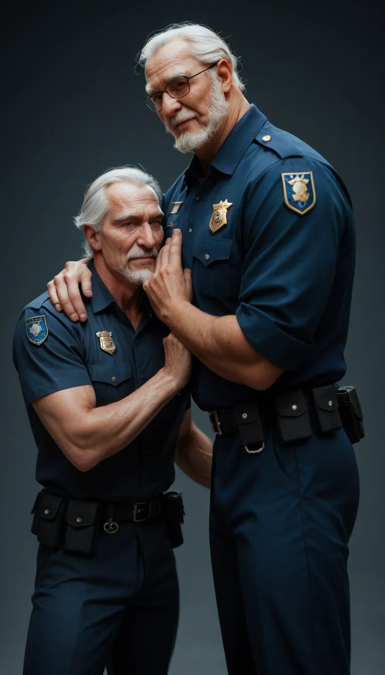 masterpiece, best quality, 61a21ngc33, 2boys, bara, male focus, muscular male, mature male, police uniform, old man, fellatio, yaoi, smoking, large pectorals, abs, nipples, short hair, hairy, sweat, testicles, hat, mustache, thick thighs, weapon, male pubic hair, chest hair, full beard, thick eyebrows, strongman waist, veiny penis, huge pectorals, from side, all fours, from below, feet out of frame, brown hair, cigar, cigar in mouth, oral, armpits, huge armpits, brown body. Make the guy who sucking the dick suck the dick super hard