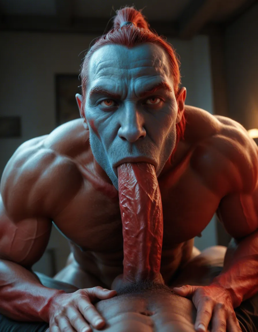 there is a muscular male red monster have a big dick, there is another muscular male blue monster with a big dick sucking the red monster big dick, score_9, score_8, candid photo, realistic skin texture, visible skin pores, film grain, depth of field