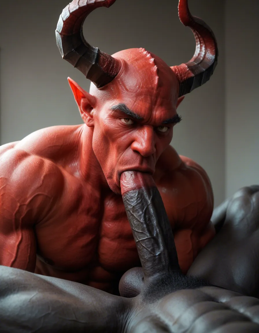 there is a muscular male red monster with horns have a big dick, there is another muscular male blue monster with a big dick and horns sucking the red monster big dick. make it look cartoon, score_9, score_8, candid photo, realistic skin texture, visible skin pores, film grain, depth of field, score_9, score_8, candid photo, realistic skin texture, visible skin pores, film grain, depth of field