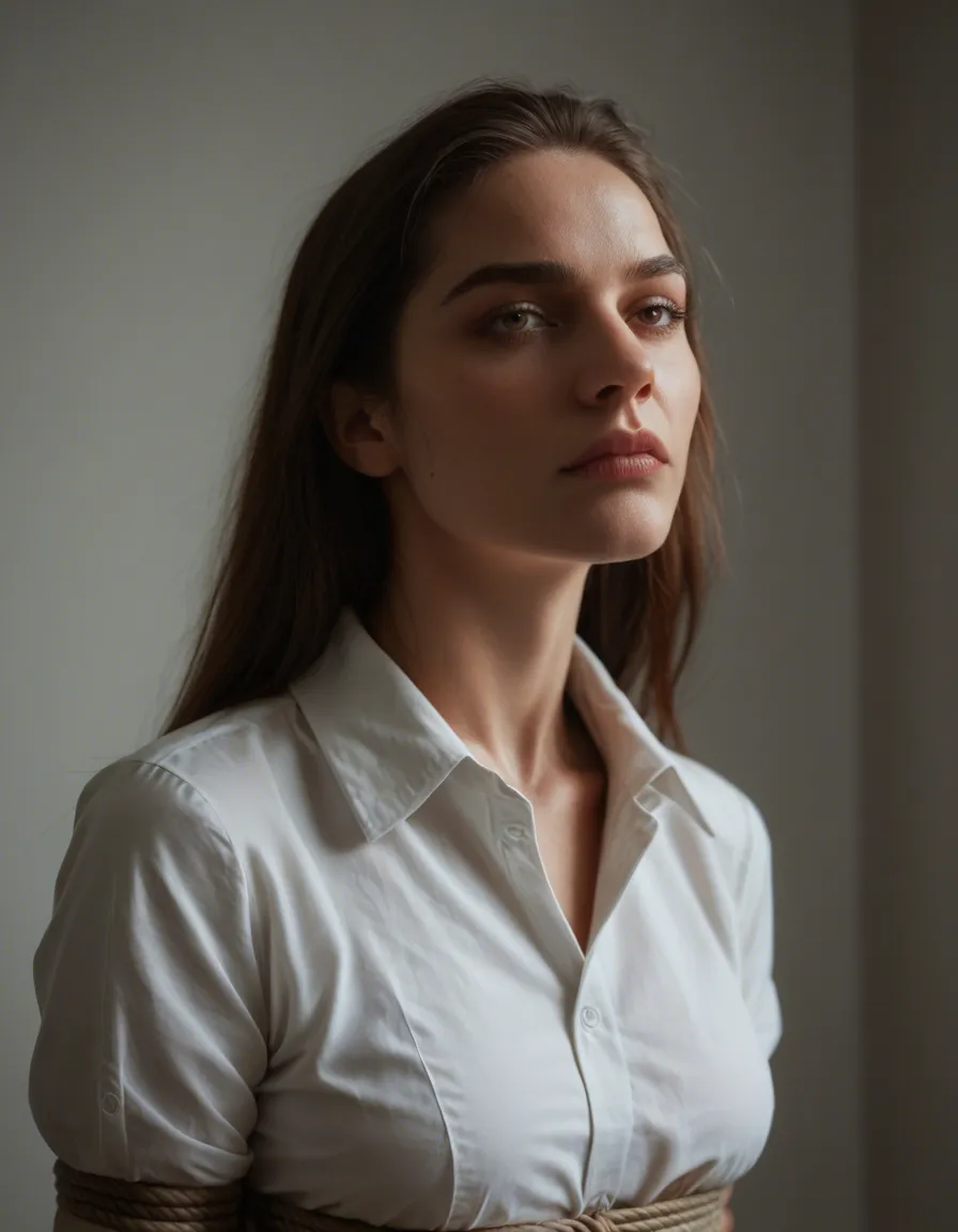 dslr, film grain, photorealistic, maid, white shirt, bondage, hyperrealistic, score_9, score_8, candid photo, realistic skin texture, visible skin pores, film grain, depth of field