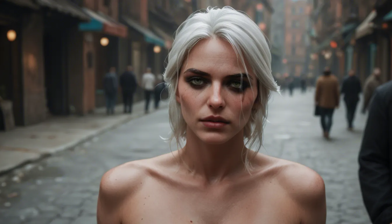 Ciri from the witcher naked in public, score_9, score_8, candid photo, realistic skin texture, visible skin pores, film grain, depth of field