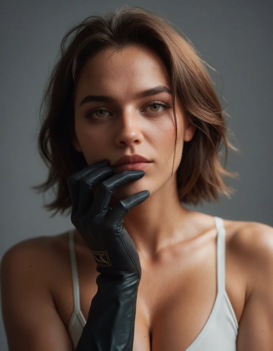 a 69 scene with gloves, score_9, score_8, candid photo, realistic skin texture, visible skin pores, film grain, depth of field