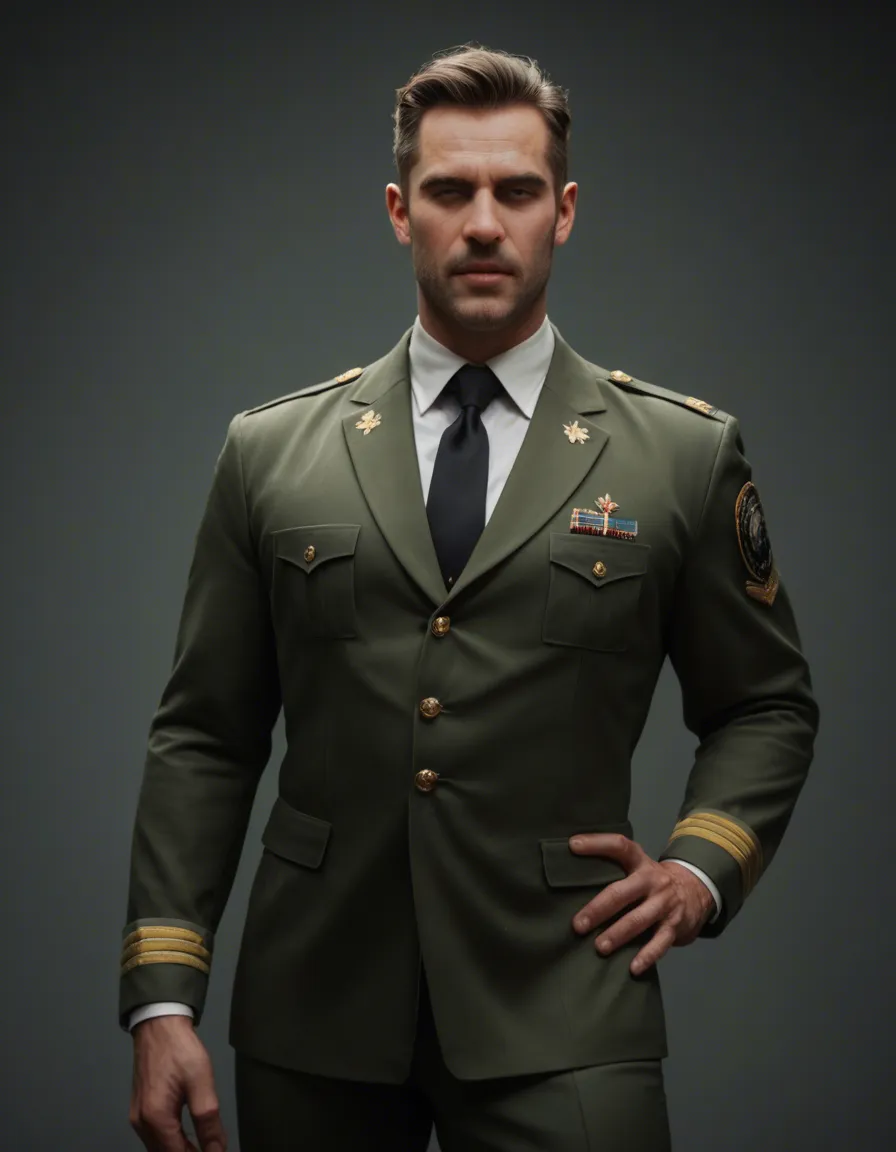 professional photo, high detail, male focus, hand on own hip, flower, winking, ahegao, military, ambient glow, studio photo, score_9, score_8, candid photo, realistic skin texture, visible skin pores, film grain, depth of field