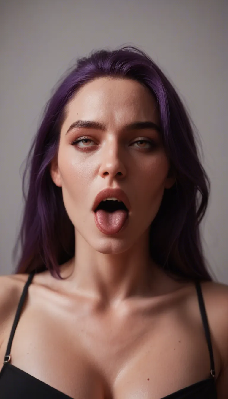 ultra HD, lifelike, demon girl, purple hair, office wear, ahegao, RAW photo