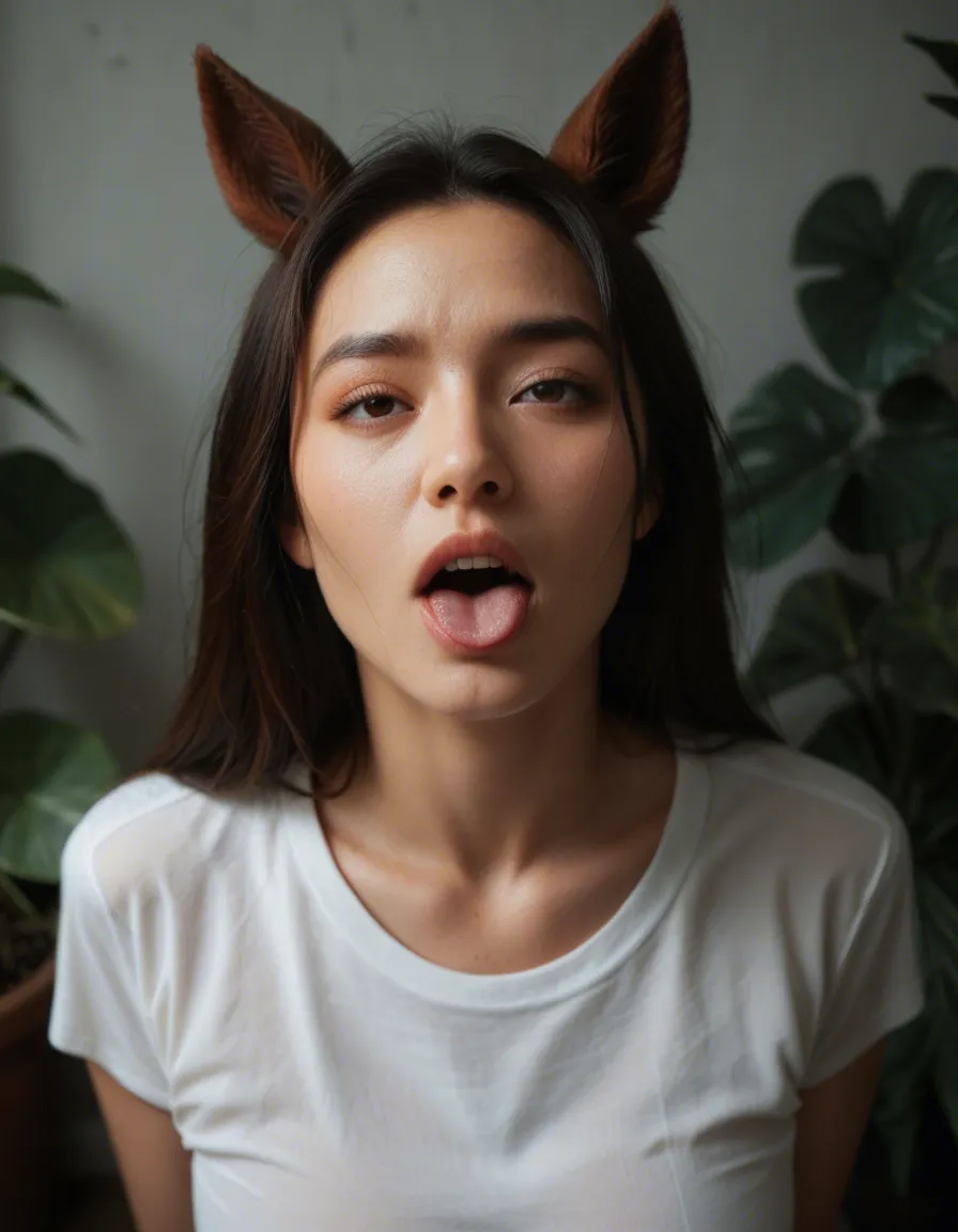 studio quality, sharp focus, asian woman, horse ears, white shirt, ahegao, plant, from above, cool tones, RAW photo, score_9, score_8, candid photo, realistic skin texture, visible skin pores, film grain, depth of field, score_9, score_8, candid photo, realistic skin texture, visible skin pores, film grain, depth of field