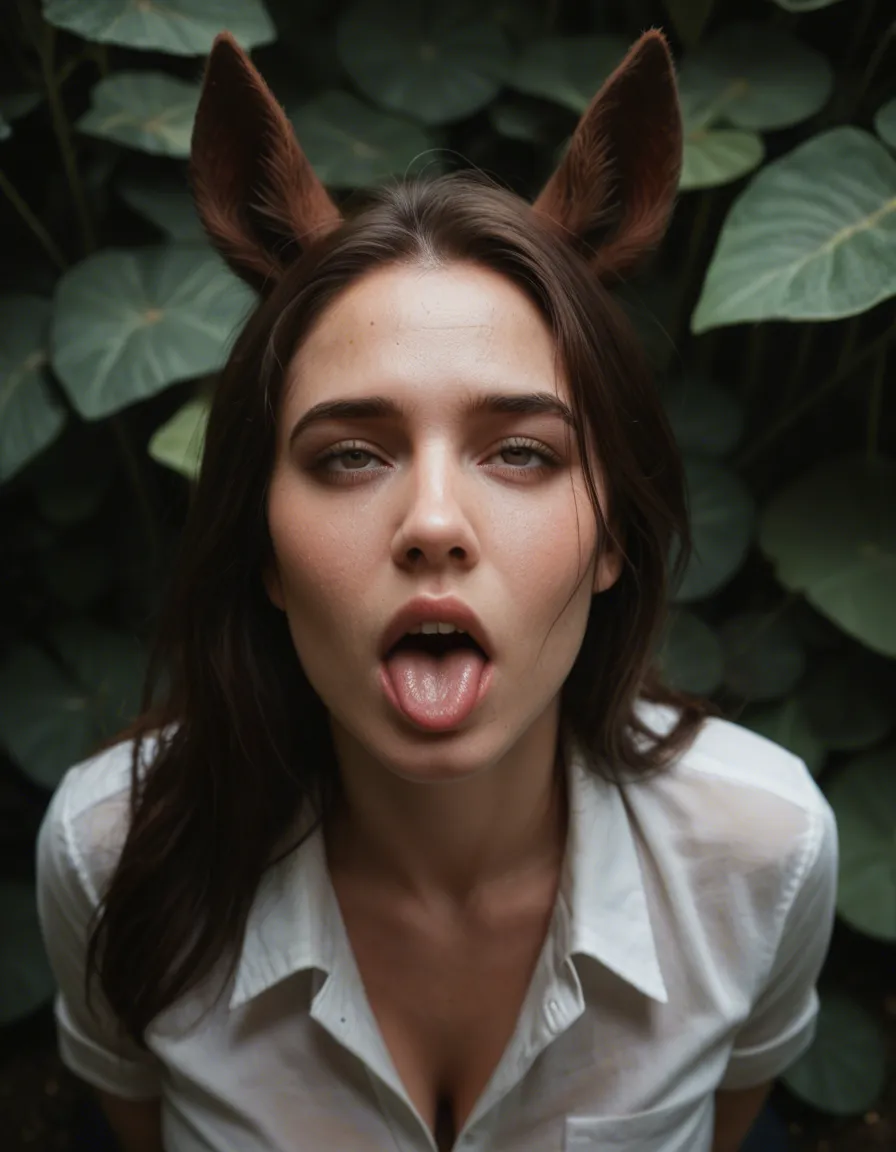 studio quality, sharp focus, brunette woman, horse ears, white shirt, ahegao, plant, from above, cool tones, RAW photo, score_9, score_8, candid photo, realistic skin texture, visible skin pores, film grain, depth of field, with tits, score_9, score_8, candid photo, realistic skin texture, visible skin pores, film grain, depth of field