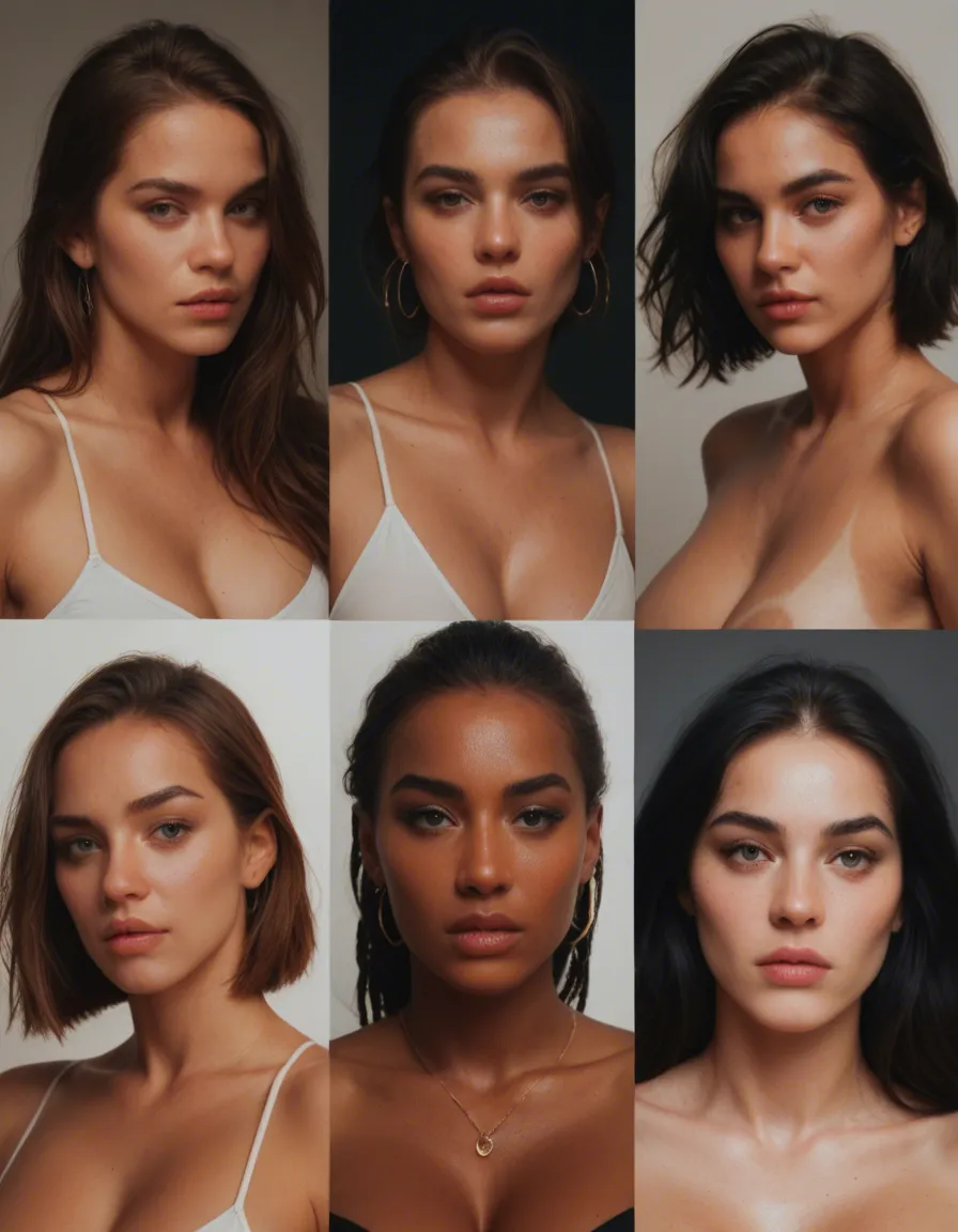 Collage woman, score_9, score_8, candid photo, realistic skin texture, visible skin pores, film grain, depth of field