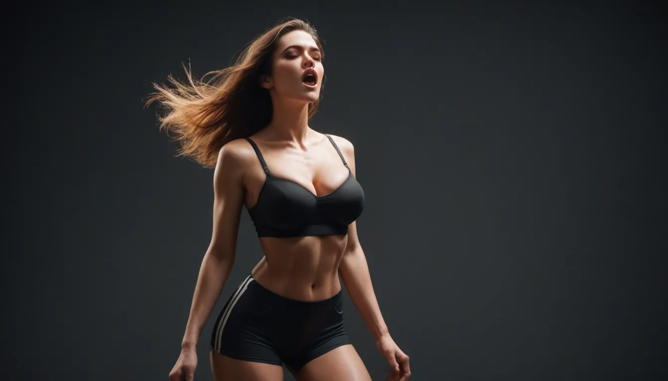 Sexy red haied women tight shorts big titts bra on tight moth open bouncing with moaning sound