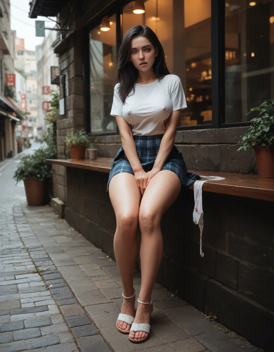 woman 230 years old long black hair, cute heart shaped face, blue eyes, orgasm , facing_away head_tilt ,erect nipples. Sitting outside cafe across walkway, legs_together , panties around knees. Wearing short plaid_skirt , silver lace sandals , masturbation female_pubic_hair ,female_masturbation, score_9, score_8, candid photo, realistic skin texture, visible skin pores, film grain, depth of field