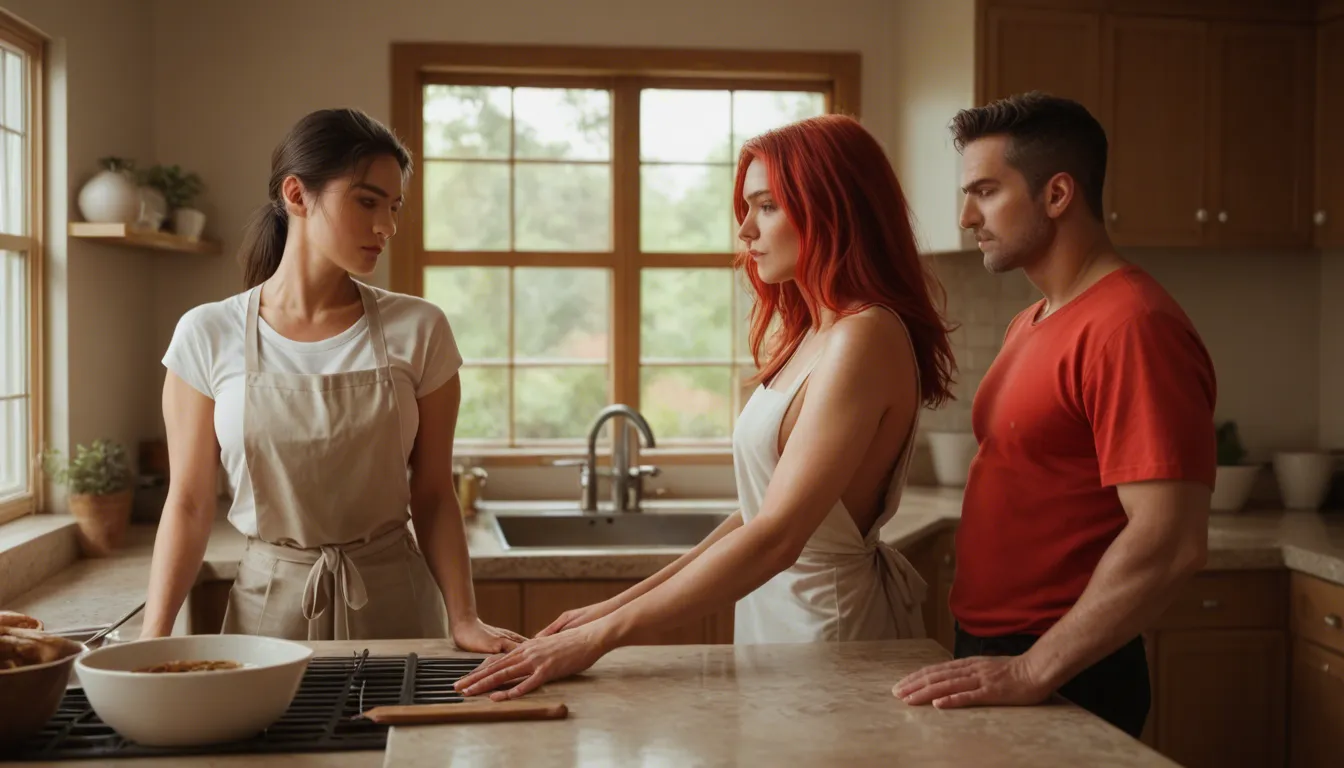 Two japanese girls having fun in a kitchen, a guy with red hair Come in thé kitchen and fuck one of the girls.