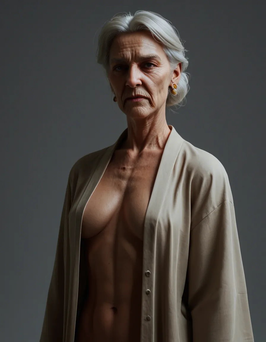 Granny, pretty, open robe, score_9, score_8, 3d render, octane render, subsurface scattering, ray tracing, smooth shading