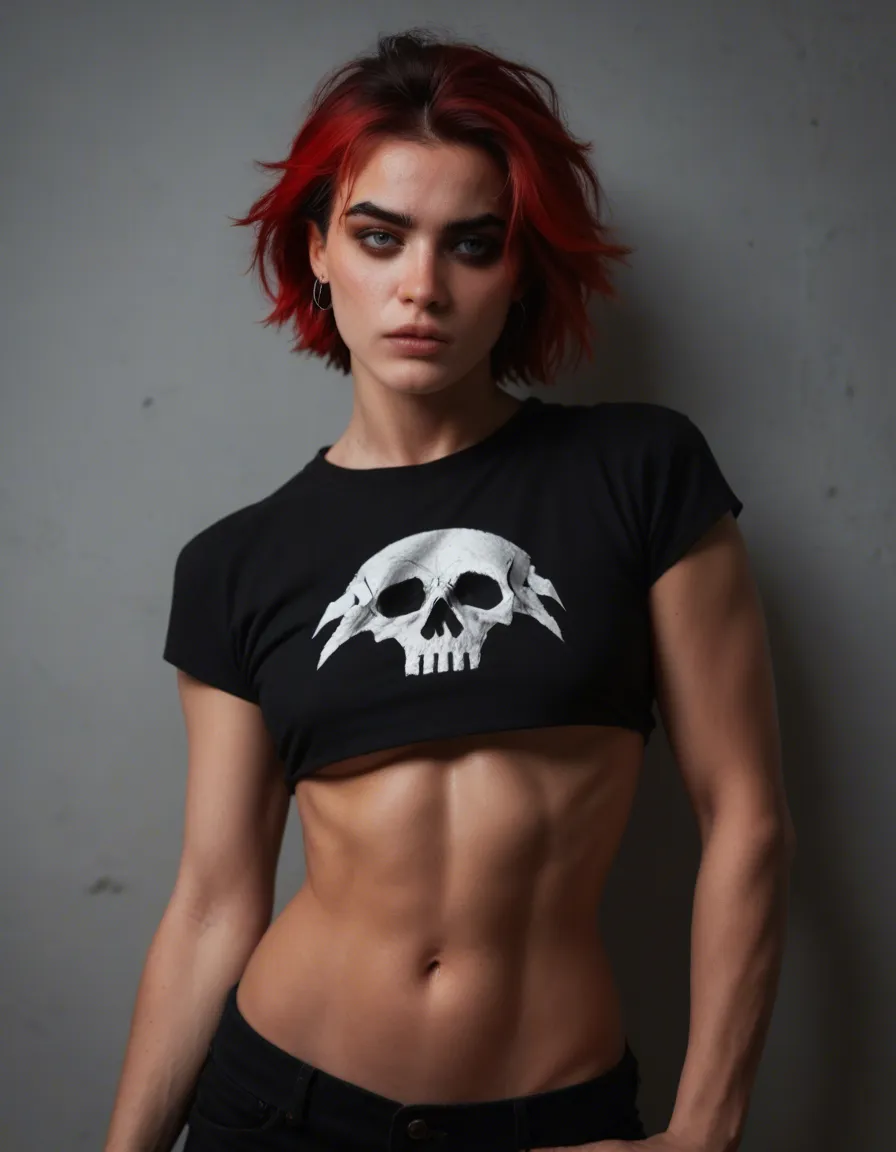 Hot emo femboy whit out shirt, score_9, score_8, candid photo, realistic skin texture, visible skin pores, film grain, depth of field