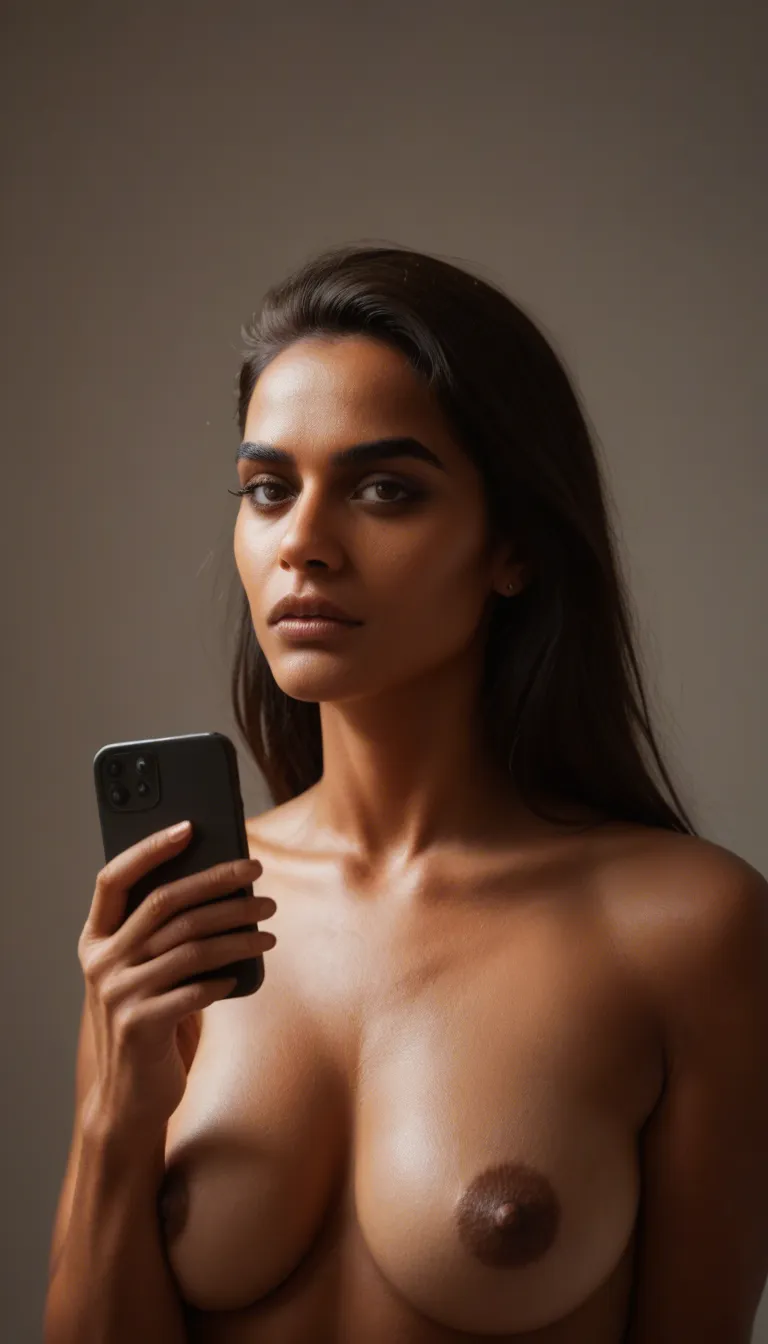 Desi Indian housewife nude, score_9, score_8, amateur photo, phone snapshot, realistic skin texture, skin blemishes, soft indoor lighting