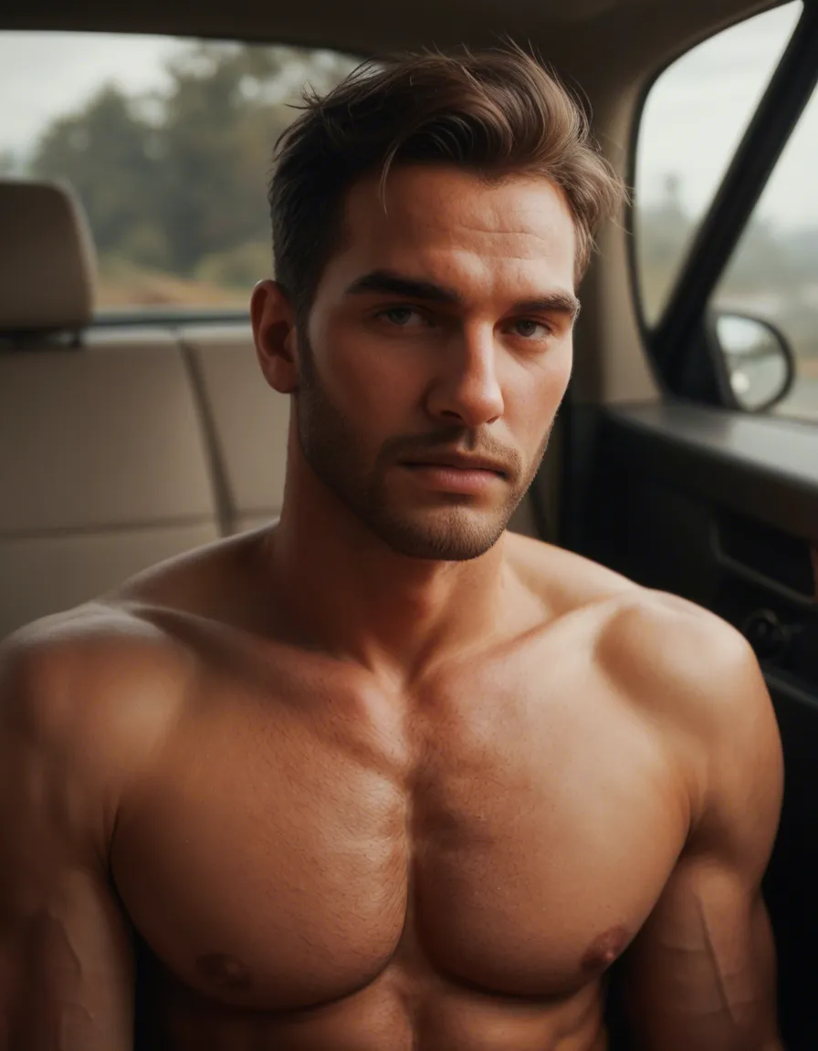 naked twing gay, such drivers dick during he drives a car, score_9, score_8, candid photo, realistic skin texture, visible skin pores, film grain, depth of field