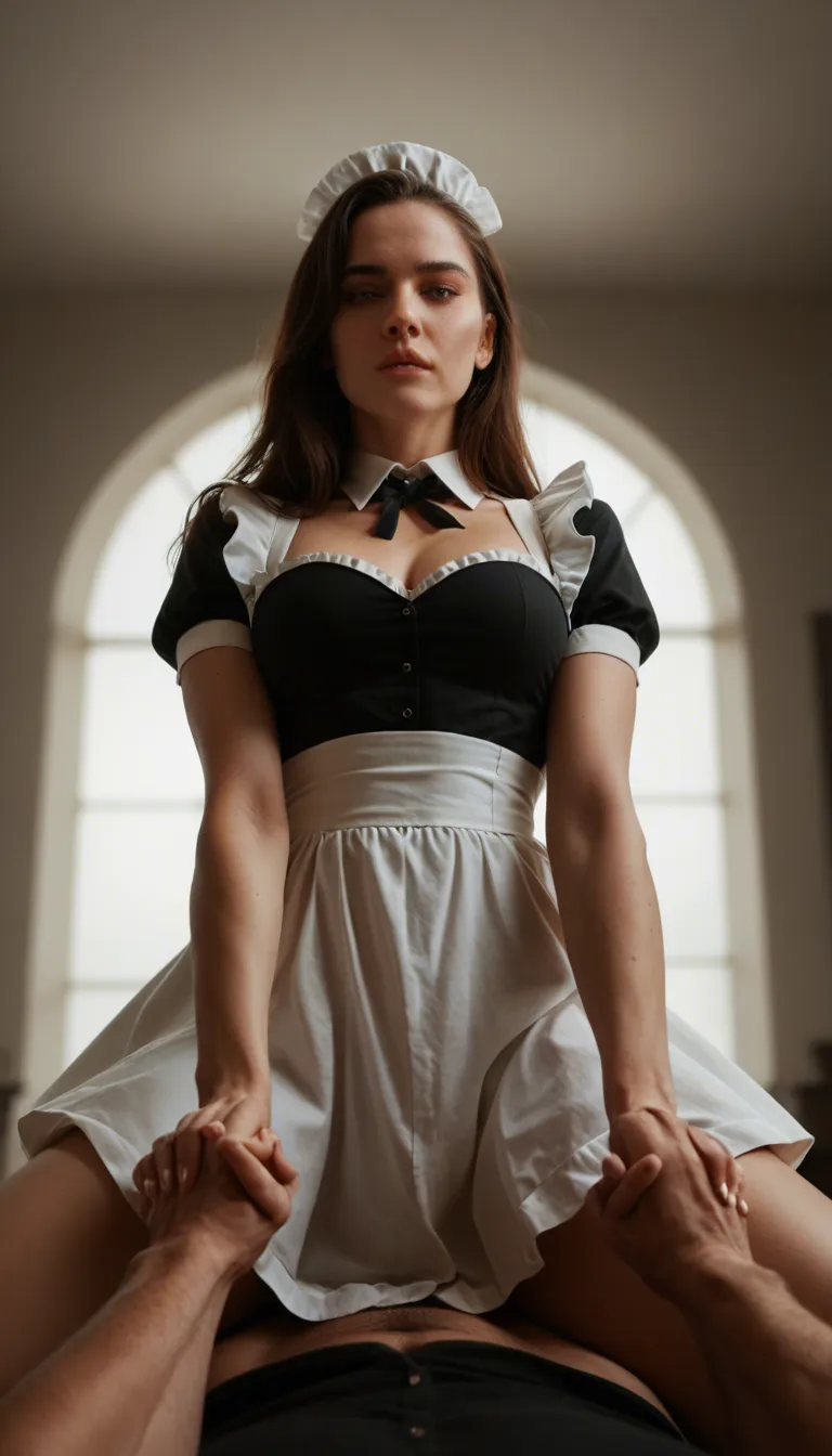 studio quality, sharp focus, from below, maid, riding, holding hands, intense passion, film photography