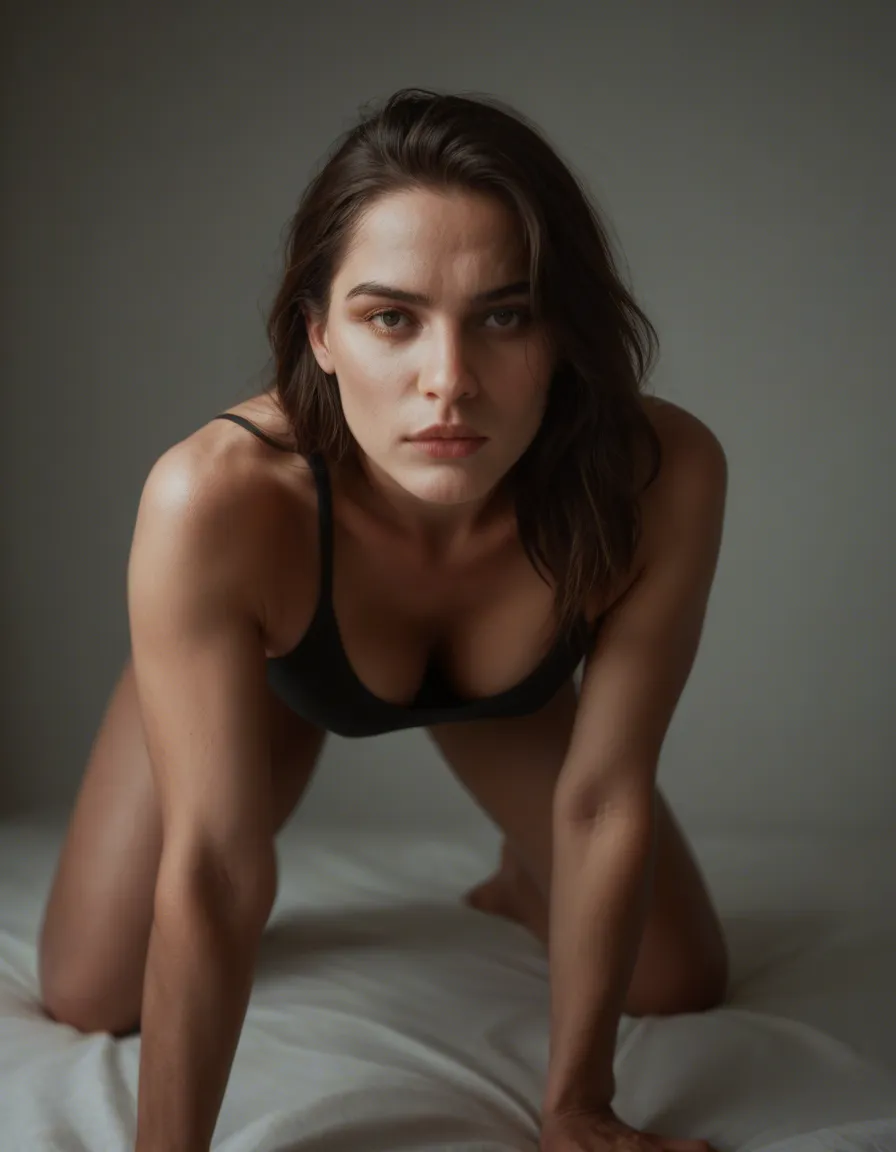 dslr, film grain, photorealistic, solo, on all fours, bare arms, film photography, score_9, score_8, candid photo, realistic skin texture, visible skin pores, film grain, depth of field