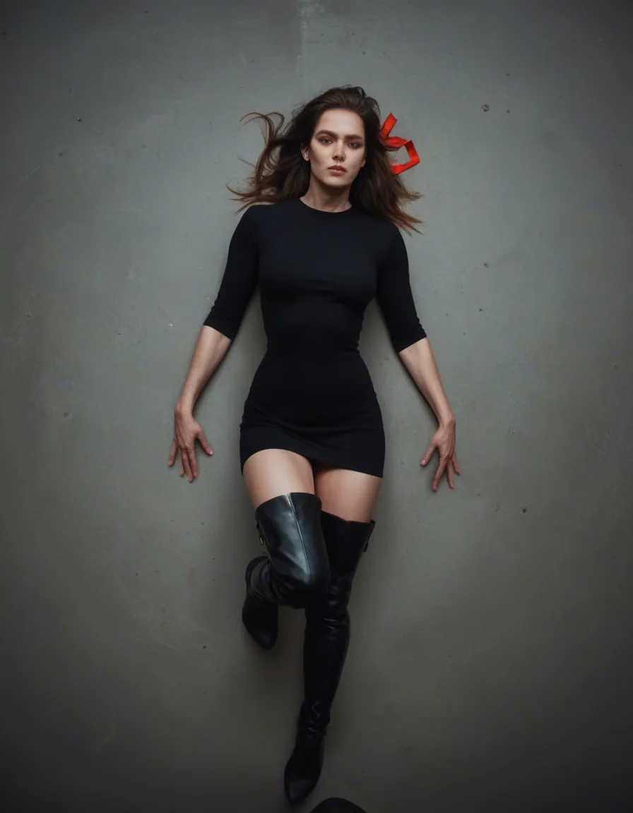 ultra HD, lifelike, multiple women, thigh boots, ribbon, leg up, from above, 8k uhd photo, score_9, score_8, candid photo, realistic skin texture, visible skin pores, film grain, depth of field