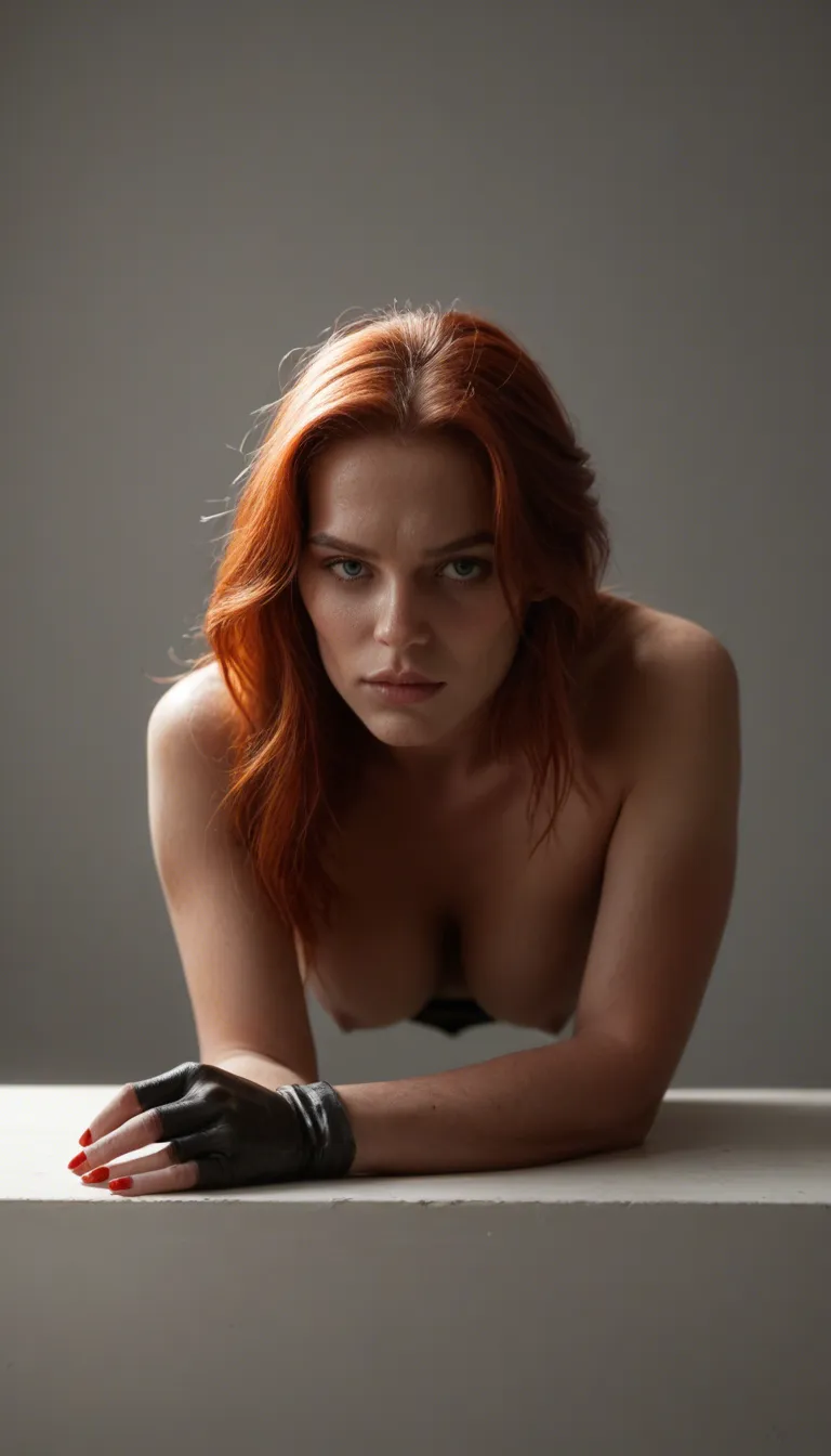 8k, sharp focus, detailed skin, redhead woman, nail polish, gloves, bent over, grey background, backlit, hyperrealistic