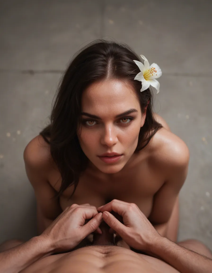 sharp focus, 8k uhd, succubus, holding hands, flower, doggy style, transparent background, from above, hyperrealistic, score_9, score_8, candid photo, realistic skin texture, visible skin pores, film grain, depth of field