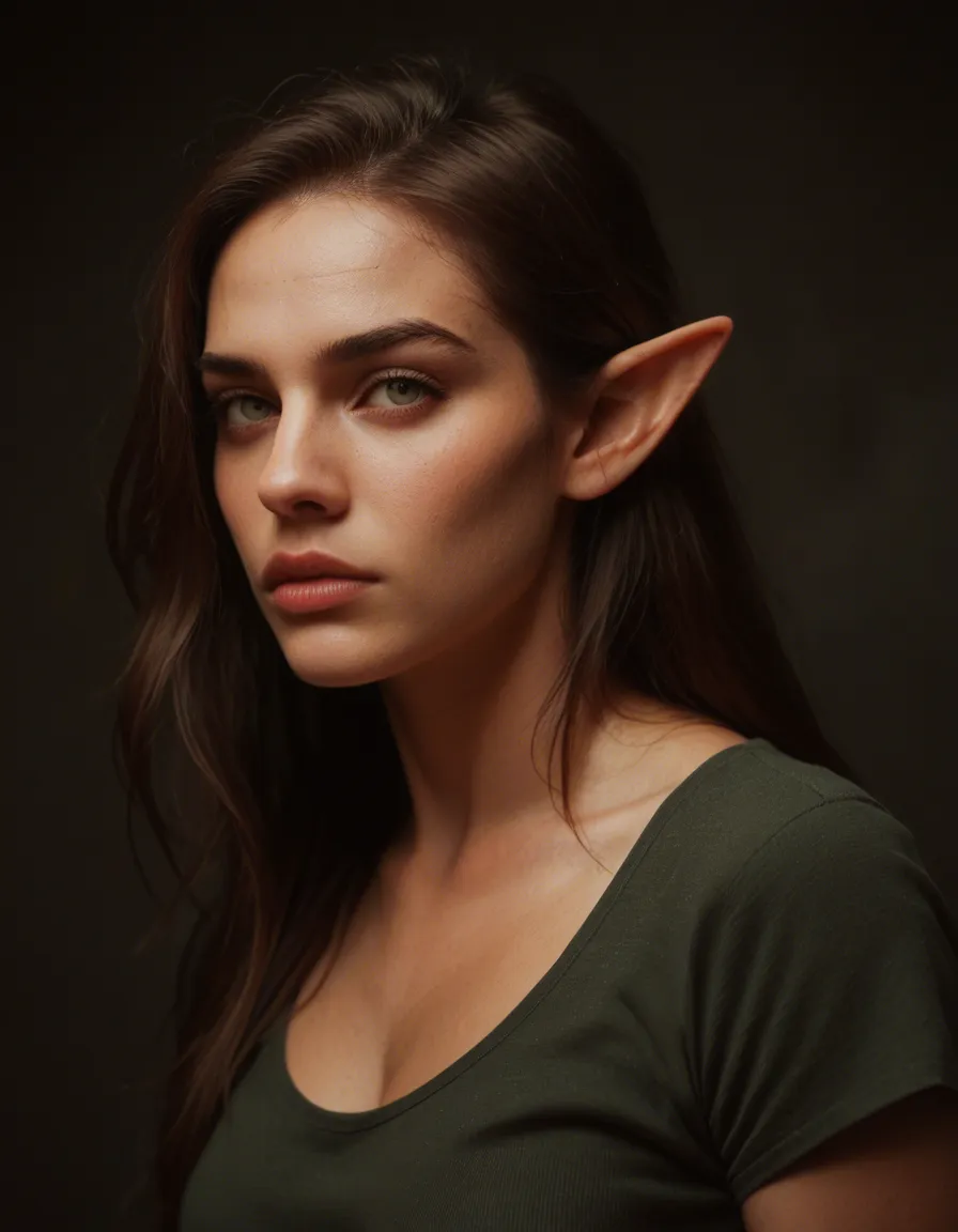 8k, sharp focus, detailed skin, elf girl, short sleeves, fully nude, dramatic lighting, film photography, score_9, score_8, candid photo, realistic skin texture, visible skin pores, film grain, depth of field