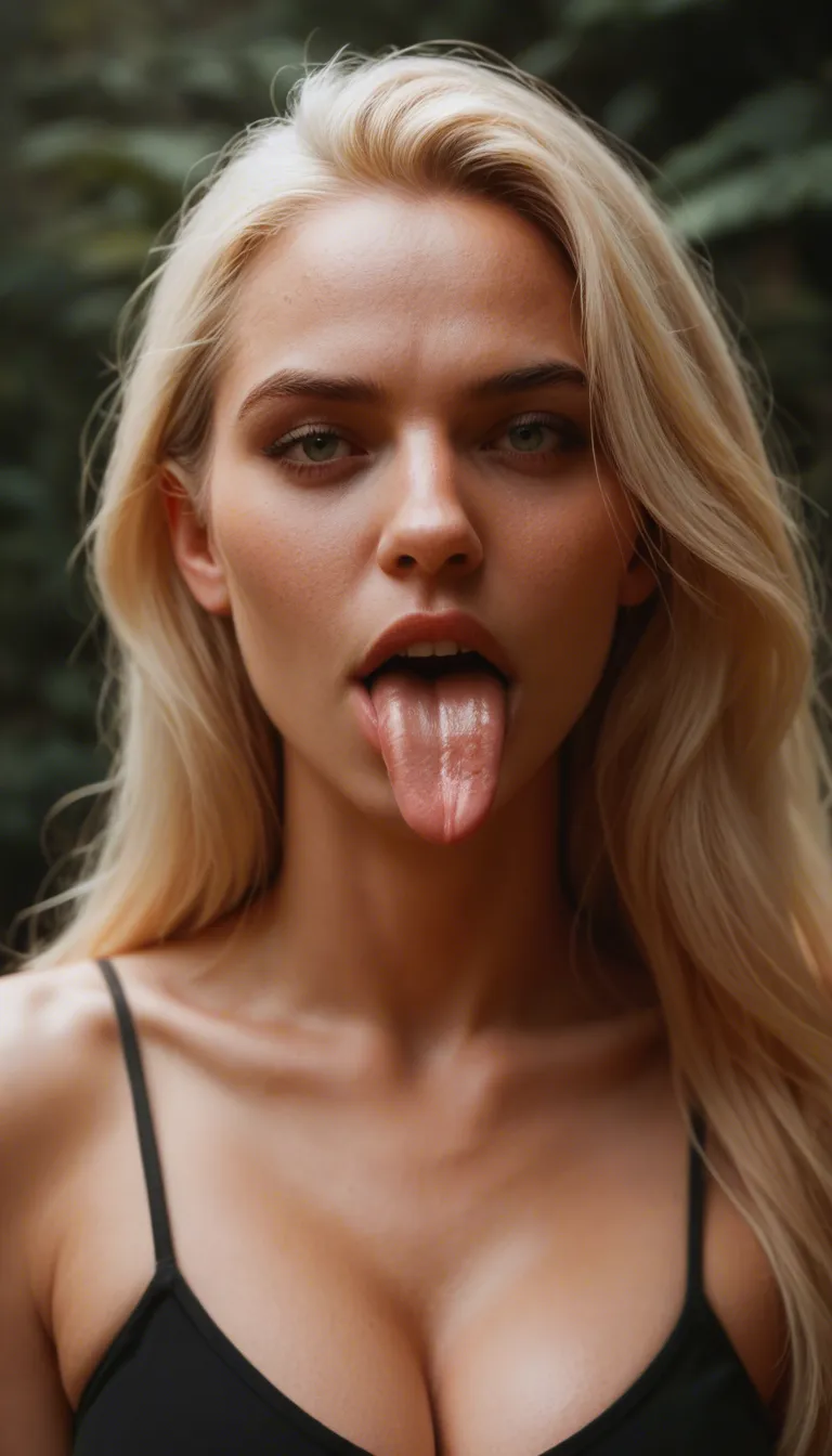 blonde woman with sexy long tongue