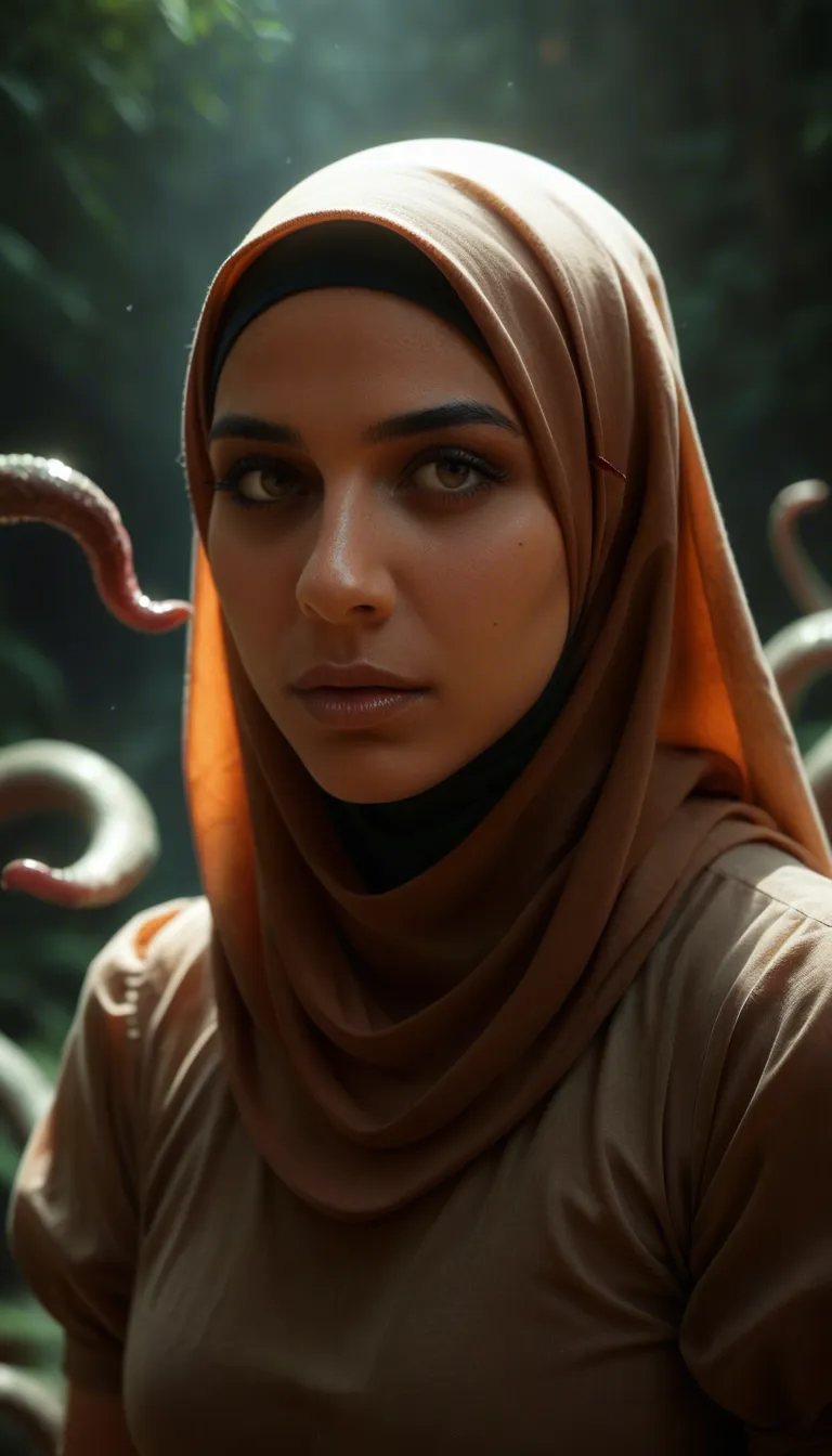 highly detailed, natural lighting, demon woman, hair ribbon, puffy sleeves, tentacle, ambient glow, hijab
