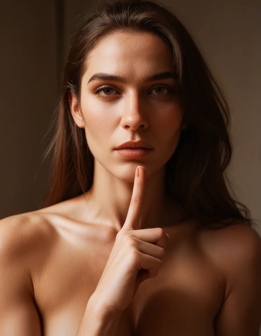 highly detailed, natural lighting, close-up, solo focus, bondage, curvy figure, indoors, confident gaze, lifelike render index_finger_raised sexy pose, score_9, score_8, candid photo, realistic skin texture, visible skin pores, film grain, depth of field