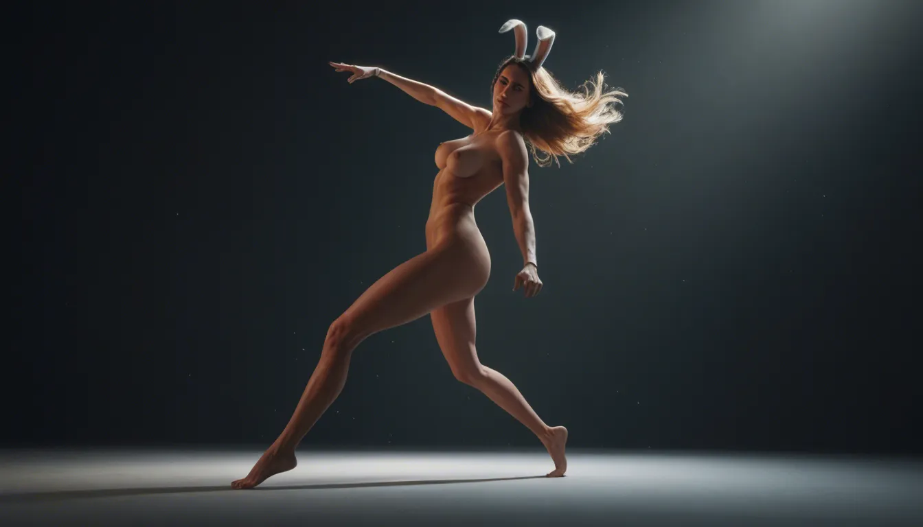 ultra HD, lifelike, bunny woman, leg up, medium breasts, transparent background, wild energy, film photography, score_9, score_8, cinematic film still, anamorphic, film grain, dramatic lighting, shallow depth of field