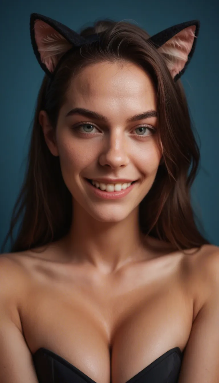 studio quality, sharp focus, catgirl, presenting, fake animal ears, blue background, teasing grin, photorealistic
