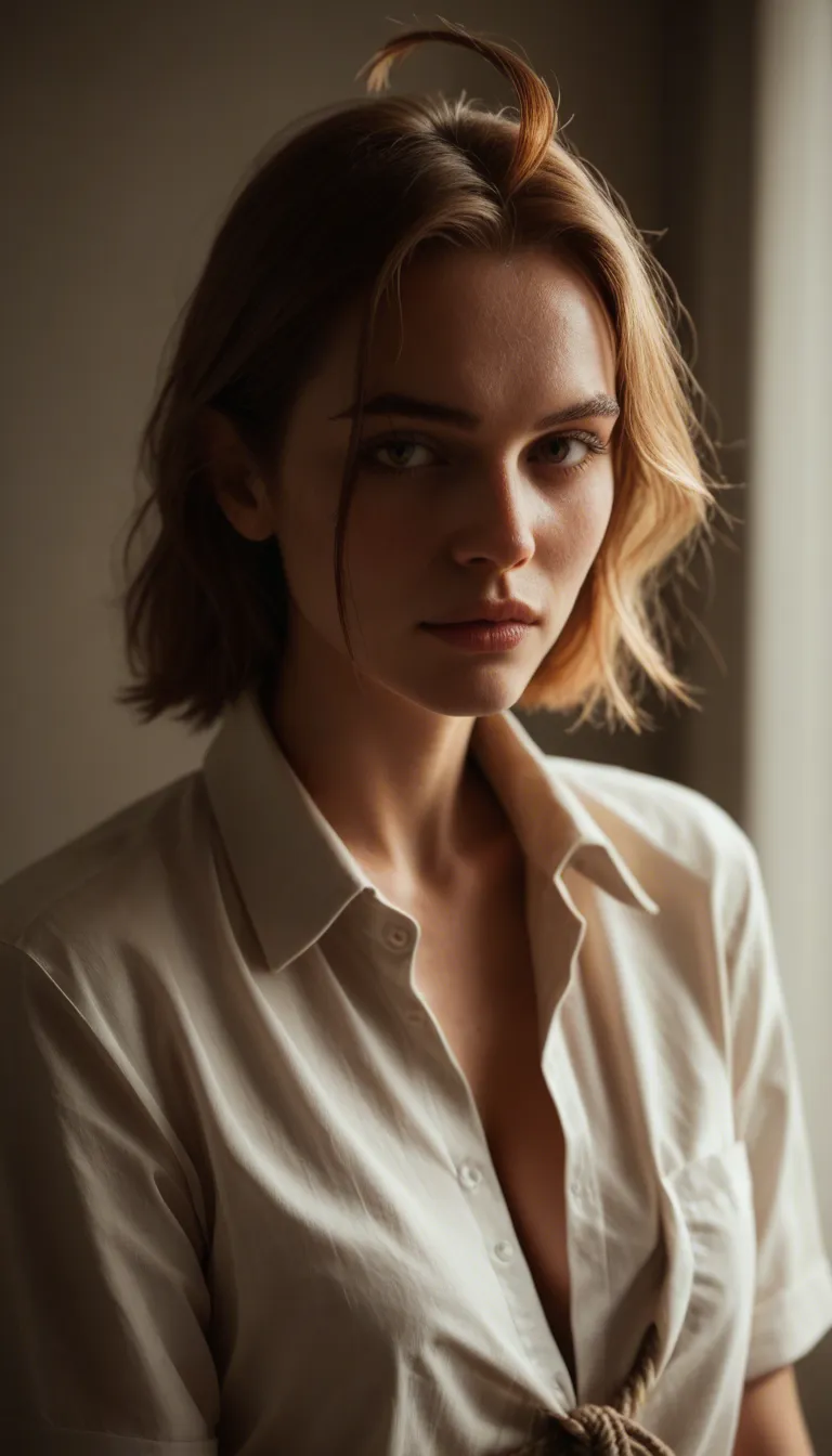 highly detailed, natural lighting, 1other, ahoge, collared shirt, bondage, lifelike render