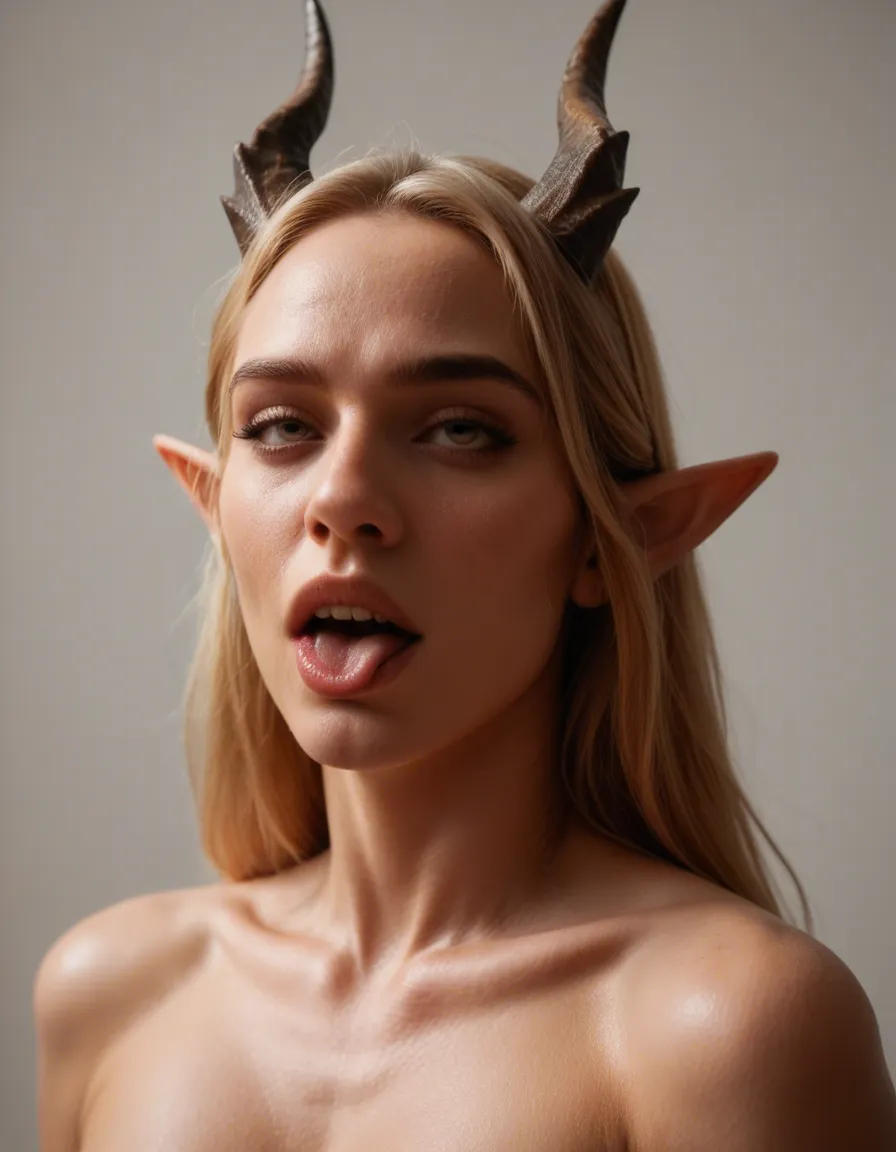RAW photo, ultra realistic, elf woman, horns, ahegao, golden hour, studio photo, score_9, score_8, candid photo, realistic skin texture, visible skin pores, film grain, depth of field