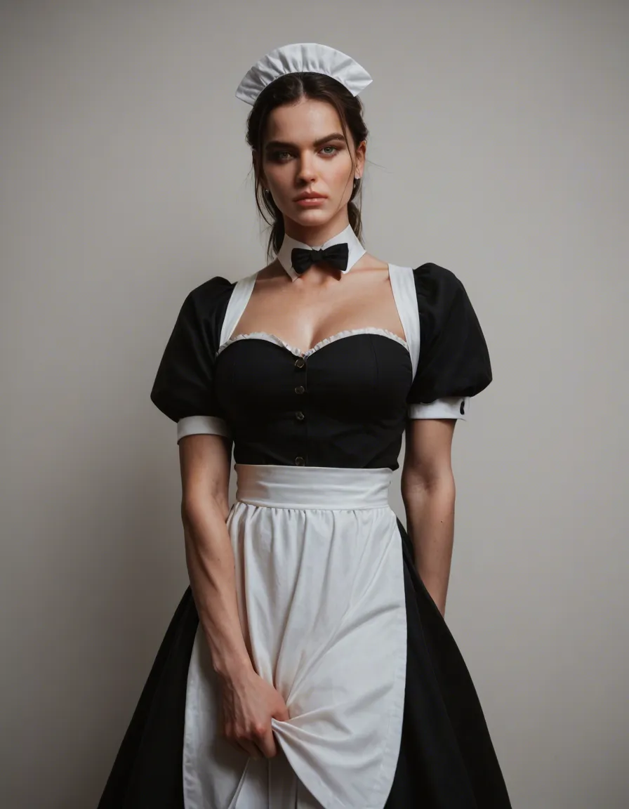 futanari, RAW photo, ultra realistic, maid, colored skin, puffy sleeves, looking at viewer, futanari, military, rim light, dslr quality, score_9, score_8, candid photo, realistic skin texture, visible skin pores, film grain, depth of field