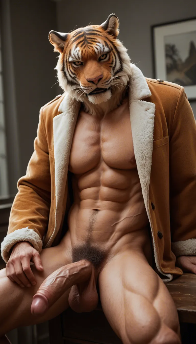 A sexy muscular Korean man wearing a long tiger fur_coat sat on a fur chair nude with his large_penis veiny_penis huge_penis pubic_hair chest_tattoo cum_overflow with a sexy slick back mullet and him moaning and masturbation