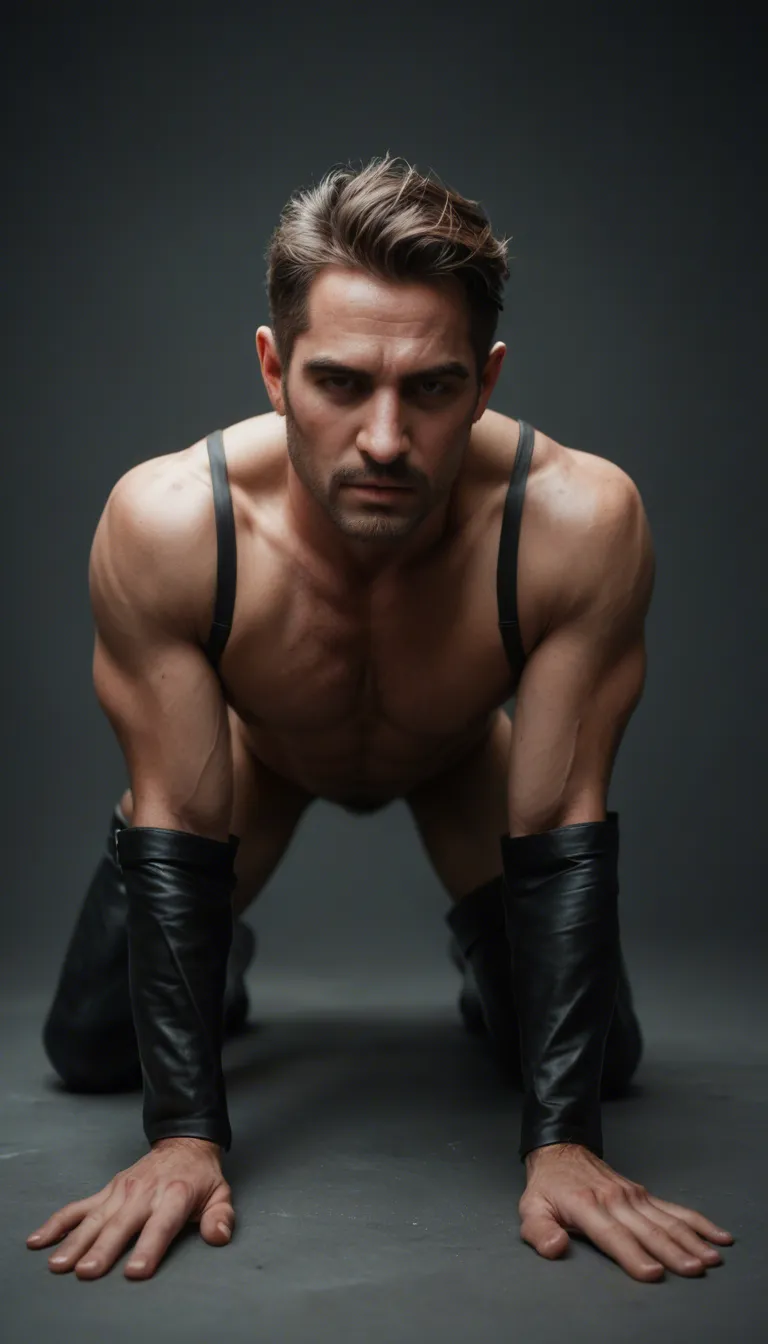 cinematic photo, 8k, male focus, thigh boots, frills, on all fours, dslr quality