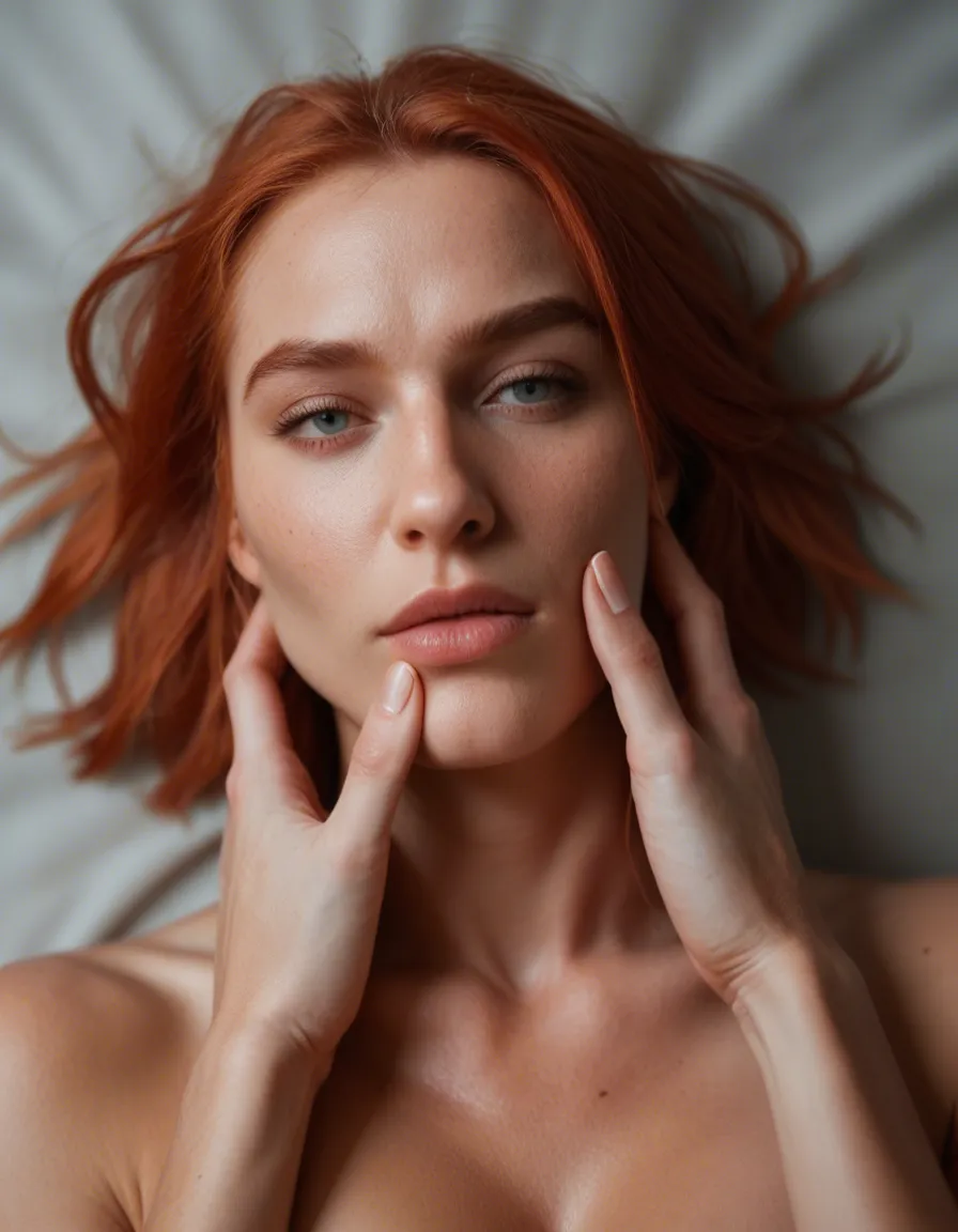 RAW photo, ultra realistic, extreme close-up, redhead woman, missionary, hands up, grey background, natural skin texture, score_9, score_8, candid photo, realistic skin texture, visible skin pores, film grain, depth of field