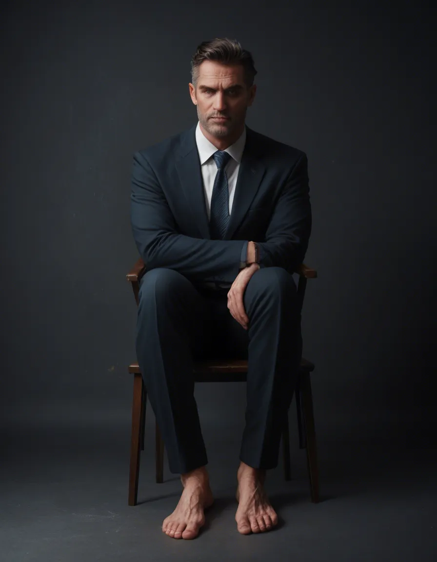 professional photo, high detail, best quality, hyperrealistic, full body, male focus, Sadistic dominance woman, 40's years old, setting crossed feet, RAW photo, score_9, score_8, candid photo, realistic skin texture, visible skin pores, film grain, depth of field