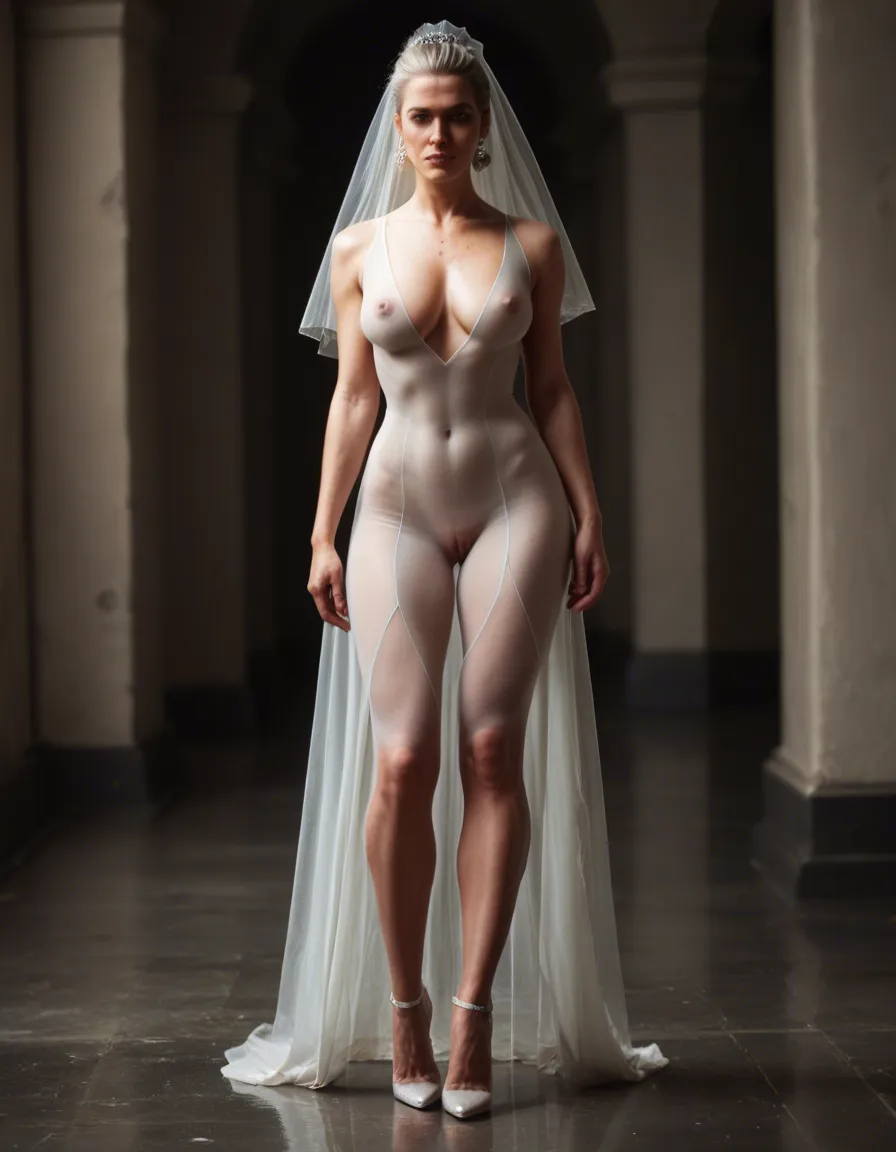 @bride of frankenstein; see-through_clothes; nipples showing; pussy showing; skin_tight dress; high_heels, score_9, score_8, candid photo, realistic skin texture, visible skin pores, film grain, depth of field