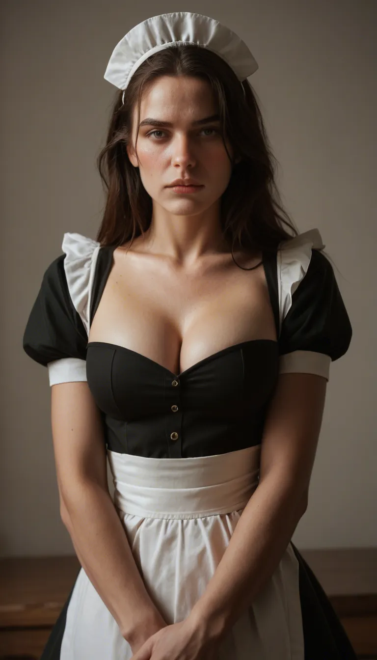 dslr, film grain, photorealistic, maid, presenting, hourglass figure, submissive blush, RAW photo