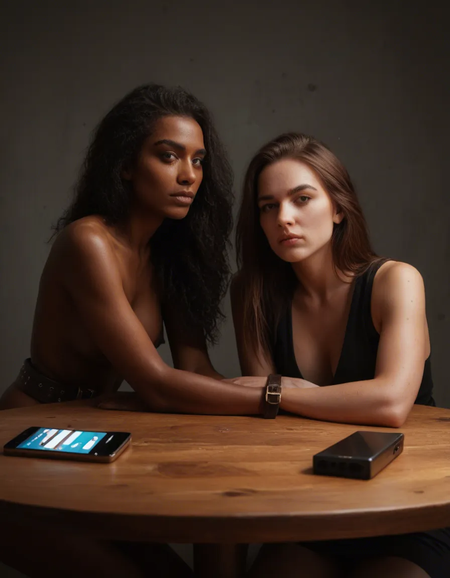 best quality, hyperrealistic, 2women, dark-skinned female, belt, bondage, table, portrait, 8k uhd photo, score_9, score_8, amateur photo, phone snapshot, realistic skin texture, skin blemishes, soft indoor lighting