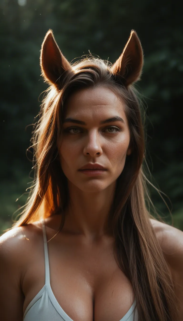 sharp focus, 8k uhd, medium shot, mature female, hair pull, horse ears, wild energy, natural skin texture