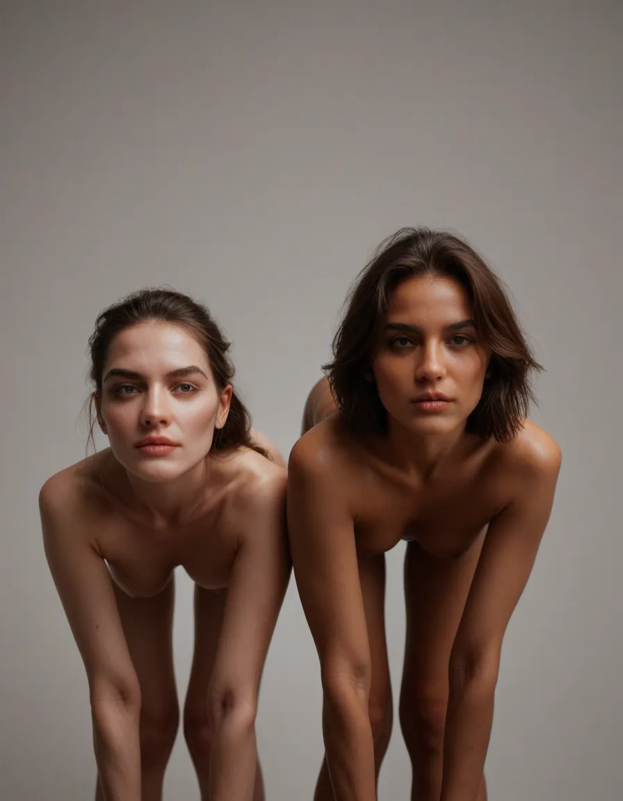 best quality, hyperrealistic, 2women, skindentation, tail, bent over, lifelike render, score_9, score_8, candid photo, realistic skin texture, visible skin pores, film grain, depth of field