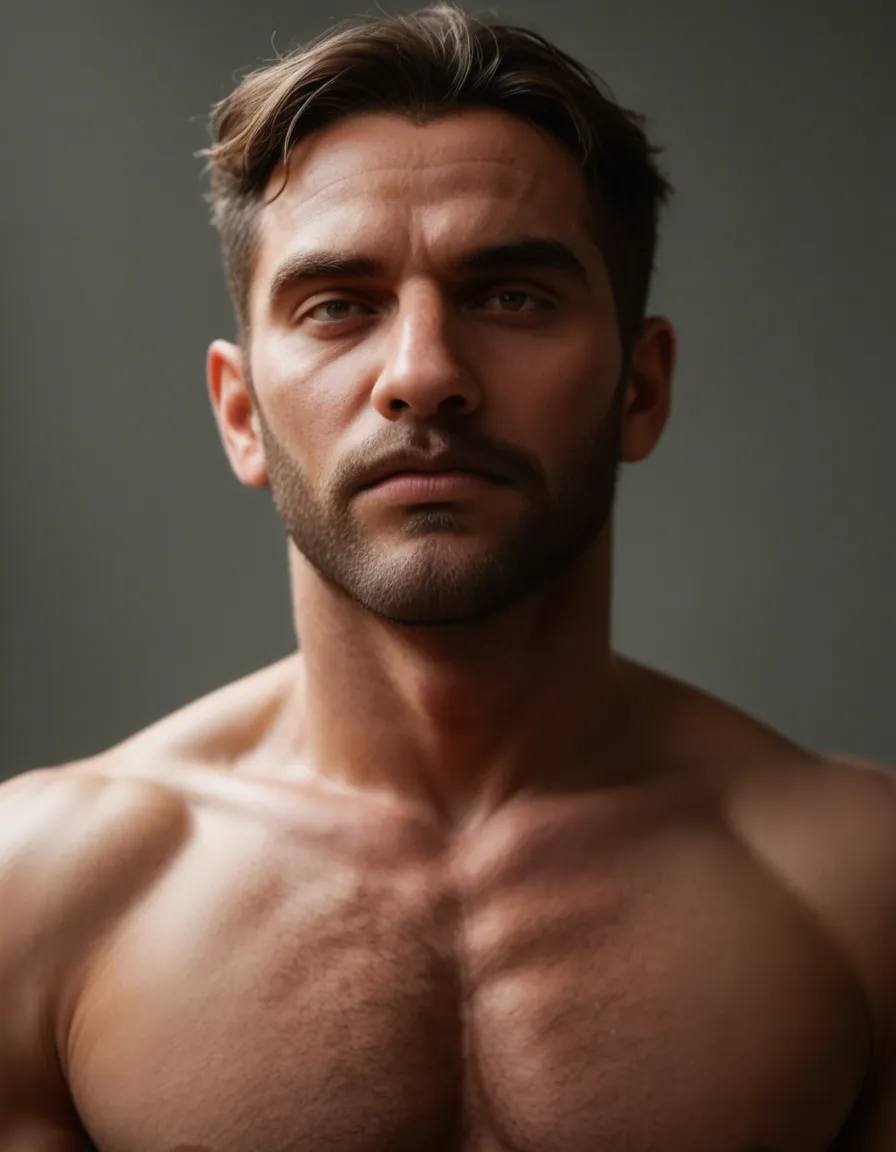cinematic photo, 8k, male focus, fully nude, buttons, dominant stare, dslr qualit, score_9, score_8, candid photo, realistic skin texture, visible skin pores, film grain, depth of field