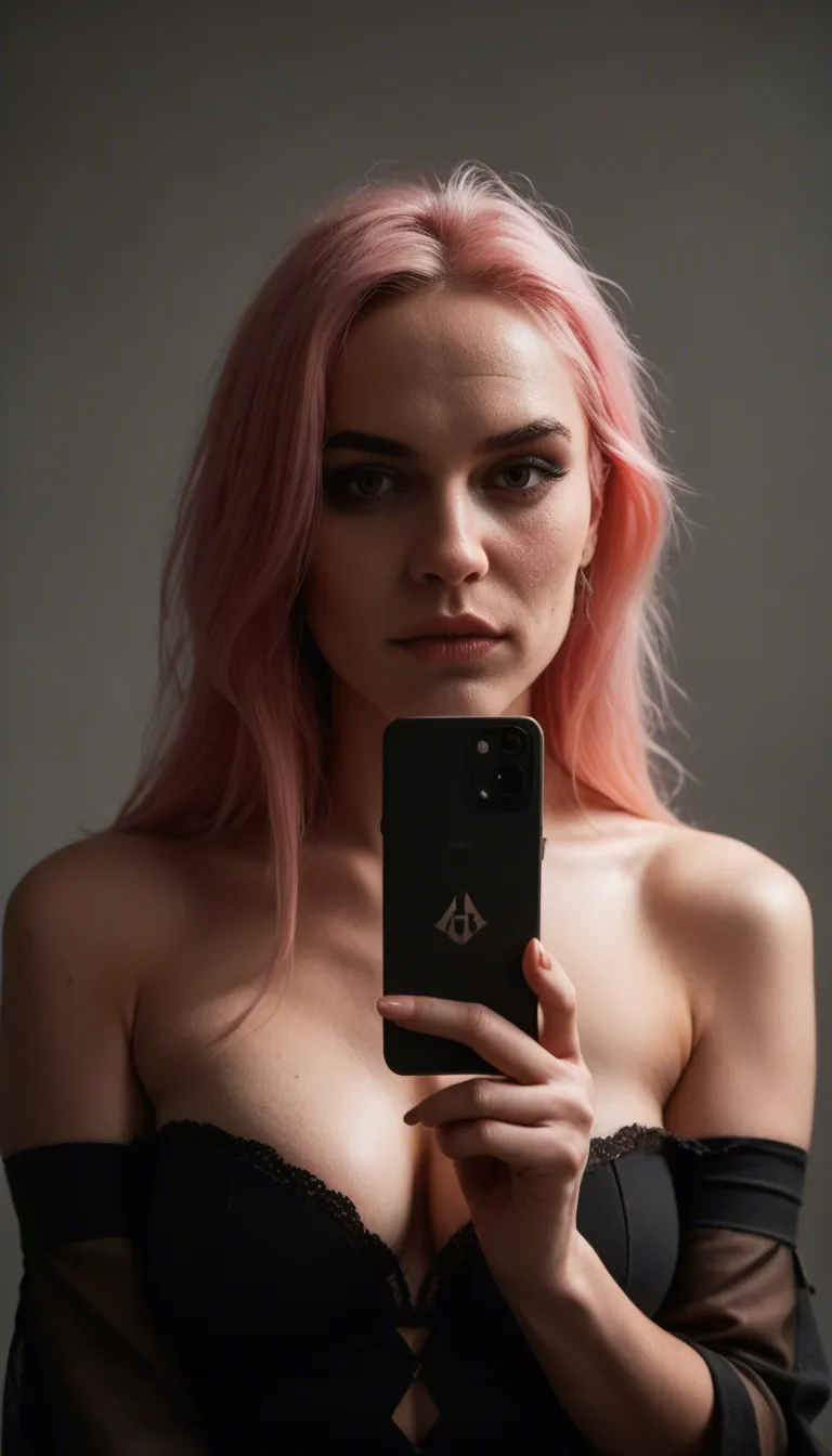 Goth woman facial, professional photo, high detail, witch, pink hair, detached sleeves, teasing, photorealistic