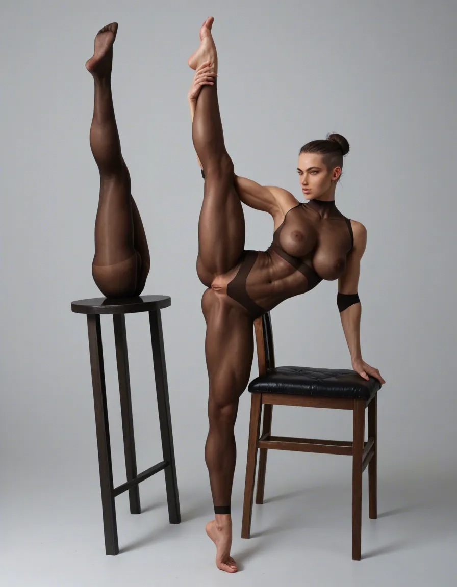 one ballerina, barefoot, athletic, abs, vertical splits chair, tan transparent bodystocking, full body nylon, exposed shaved vagina, bun hair, perfect face, perfect hands, long legs, firm and sculpted ass, high arched ass, firm and sculpted breasts, big breasts, score_9, score_8, candid photo, realistic skin texture, visible skin pores, film grain, depth of field, score_9, score_8, candid photo, realistic skin texture, visible skin pores, film grain, depth of field